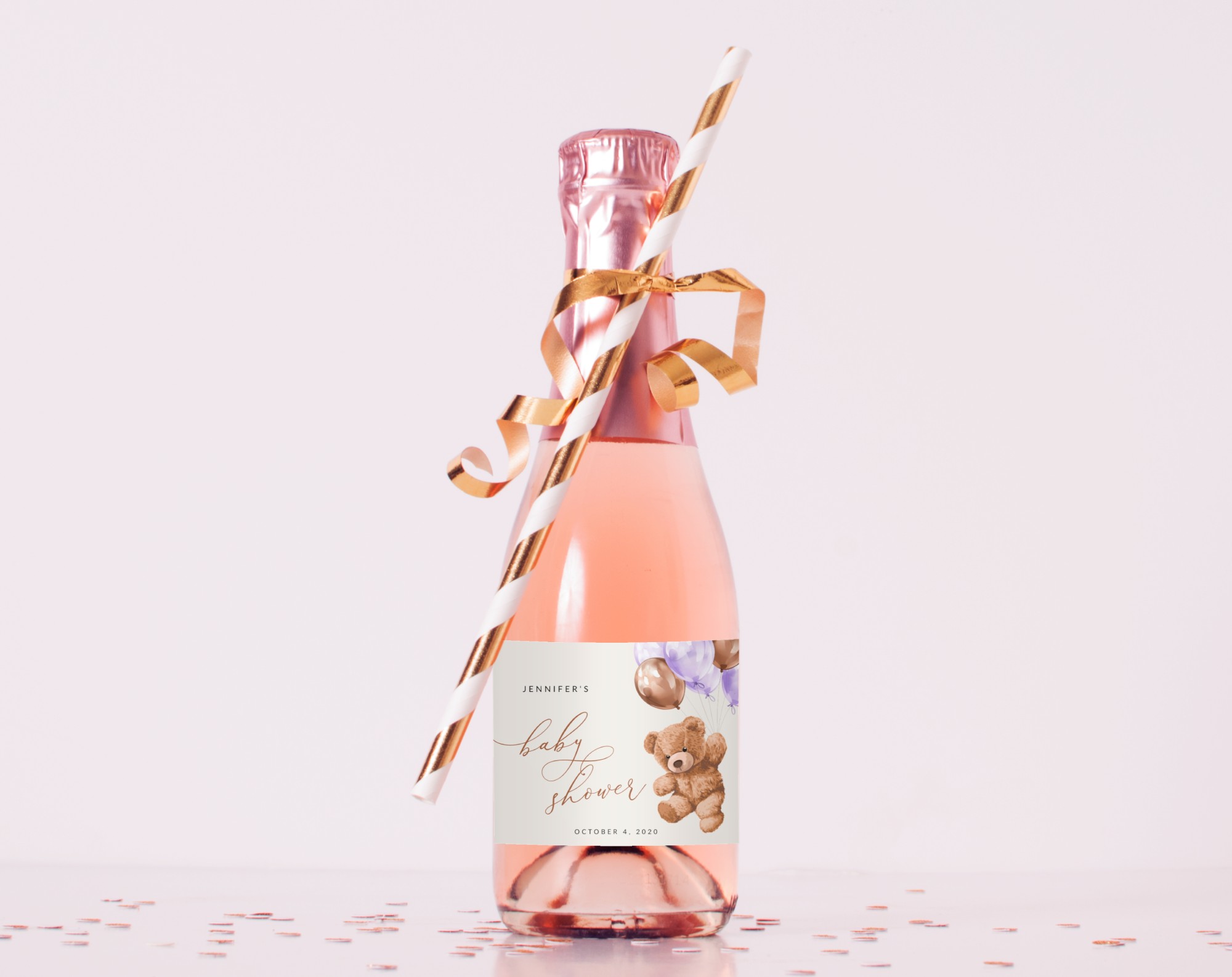 Teddy Bear with Purple Balloons Mini Champagne Labels, Baby Shower Decoration, Girl Baby Shower, Printable File, Edit Yourself, SH68