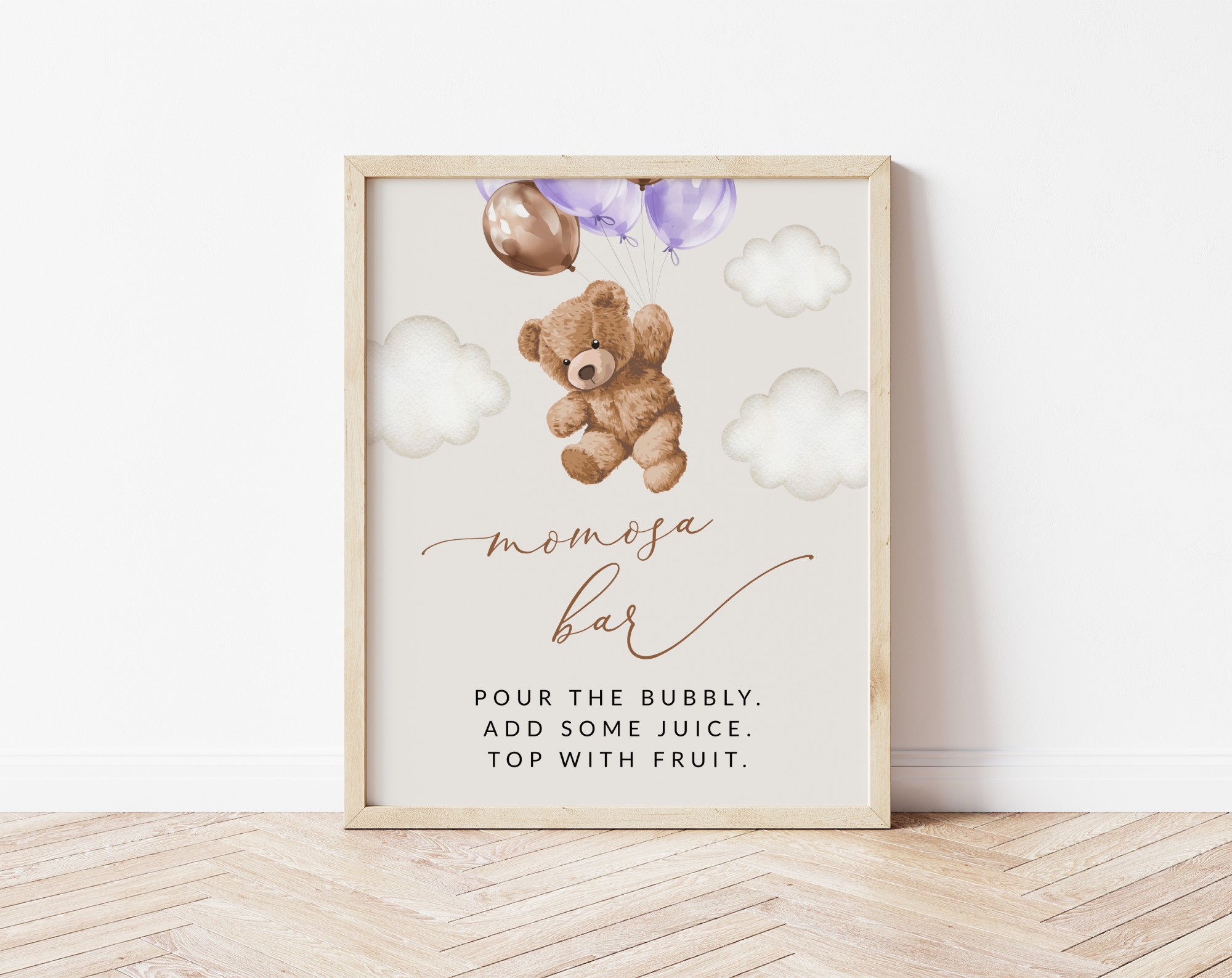 Teddy Bear with Purple Balloons Momosa Bar Sign, Baby Shower Sign, Girl Baby Shower, Printable File, Edit Yourself, SH68
