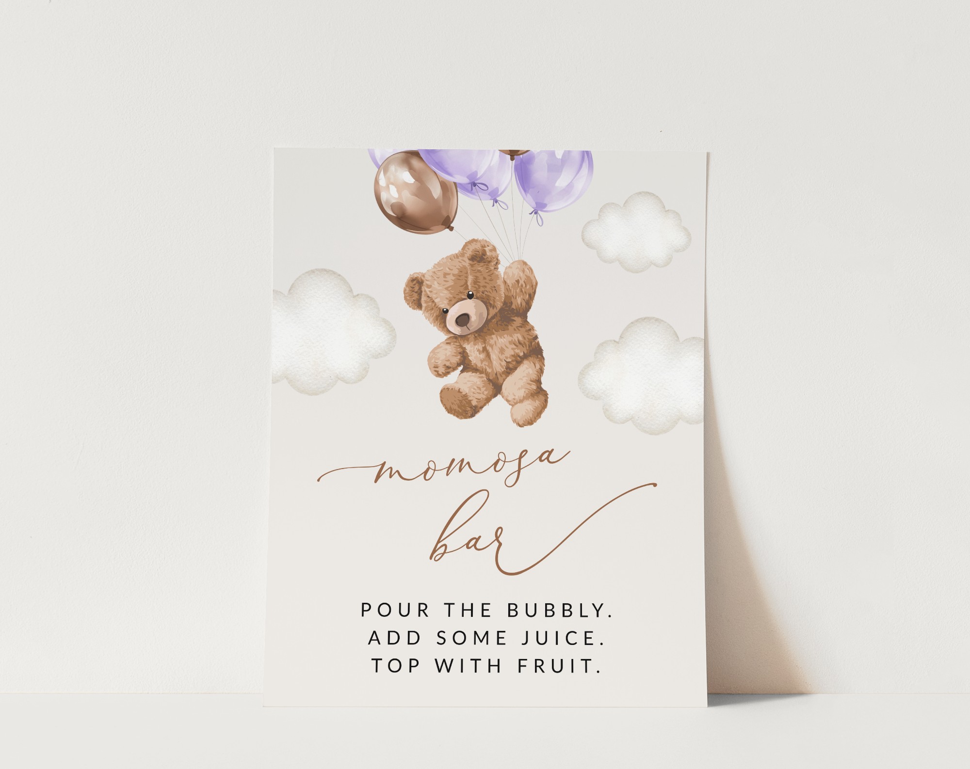 Teddy Bear with Purple Balloons Momosa Bar Sign, Baby Shower Sign, Girl Baby Shower, Printable File, Edit Yourself, SH68