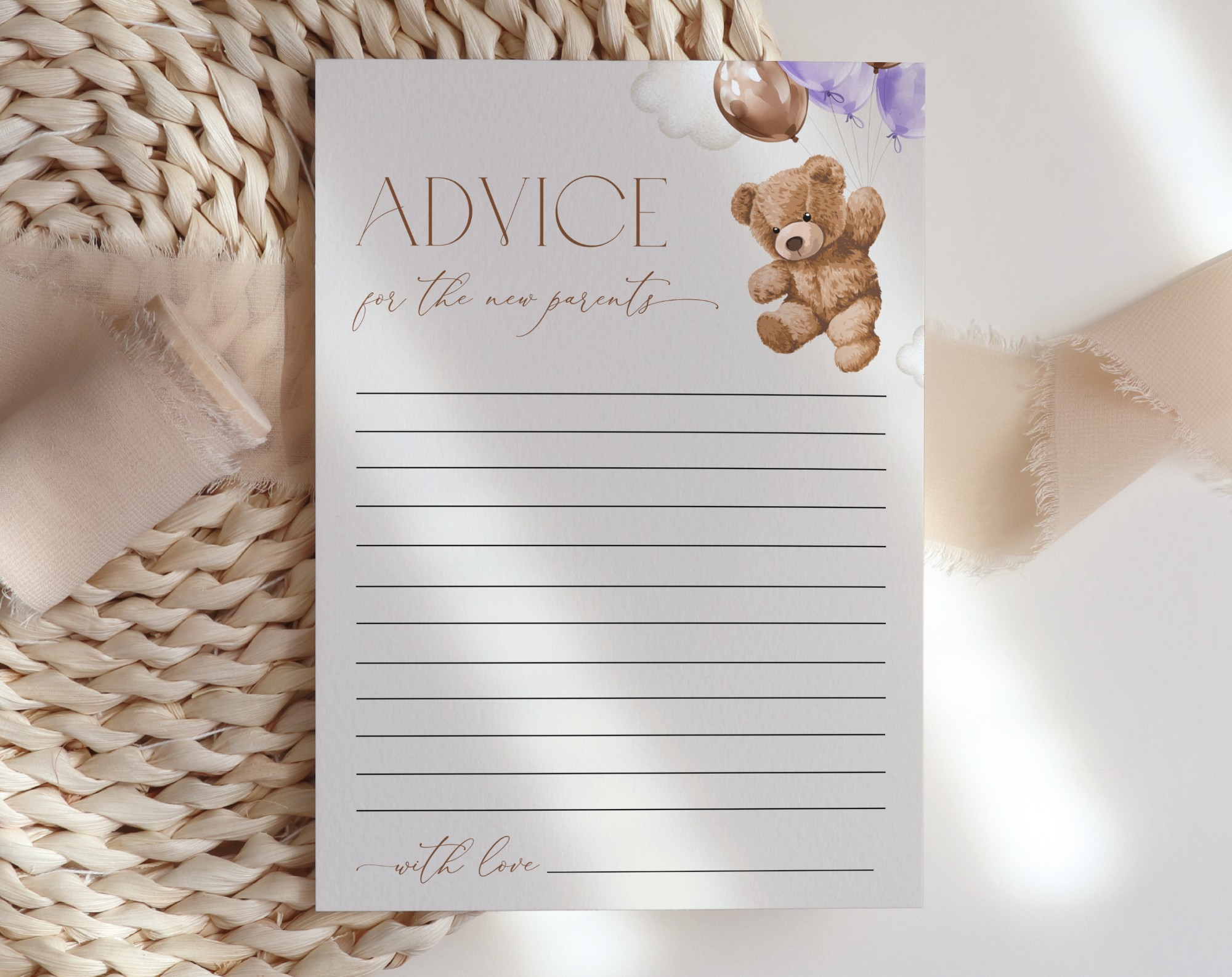 Teddy Bear with Purple Balloons Baby Shower Games, Set of 3 Games, Advice Predictions Wishes, Girl Baby Shower, Printable File, Edit Yourself, SH68