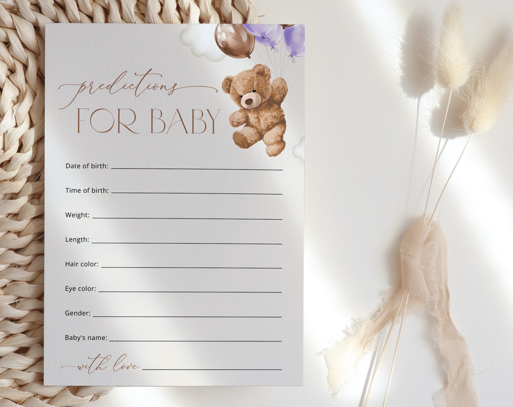 Teddy Bear with Purple Balloons Baby Shower Games, Set of 3 Games, Advice Predictions Wishes, Girl Baby Shower, Printable File, Edit Yourself, SH68