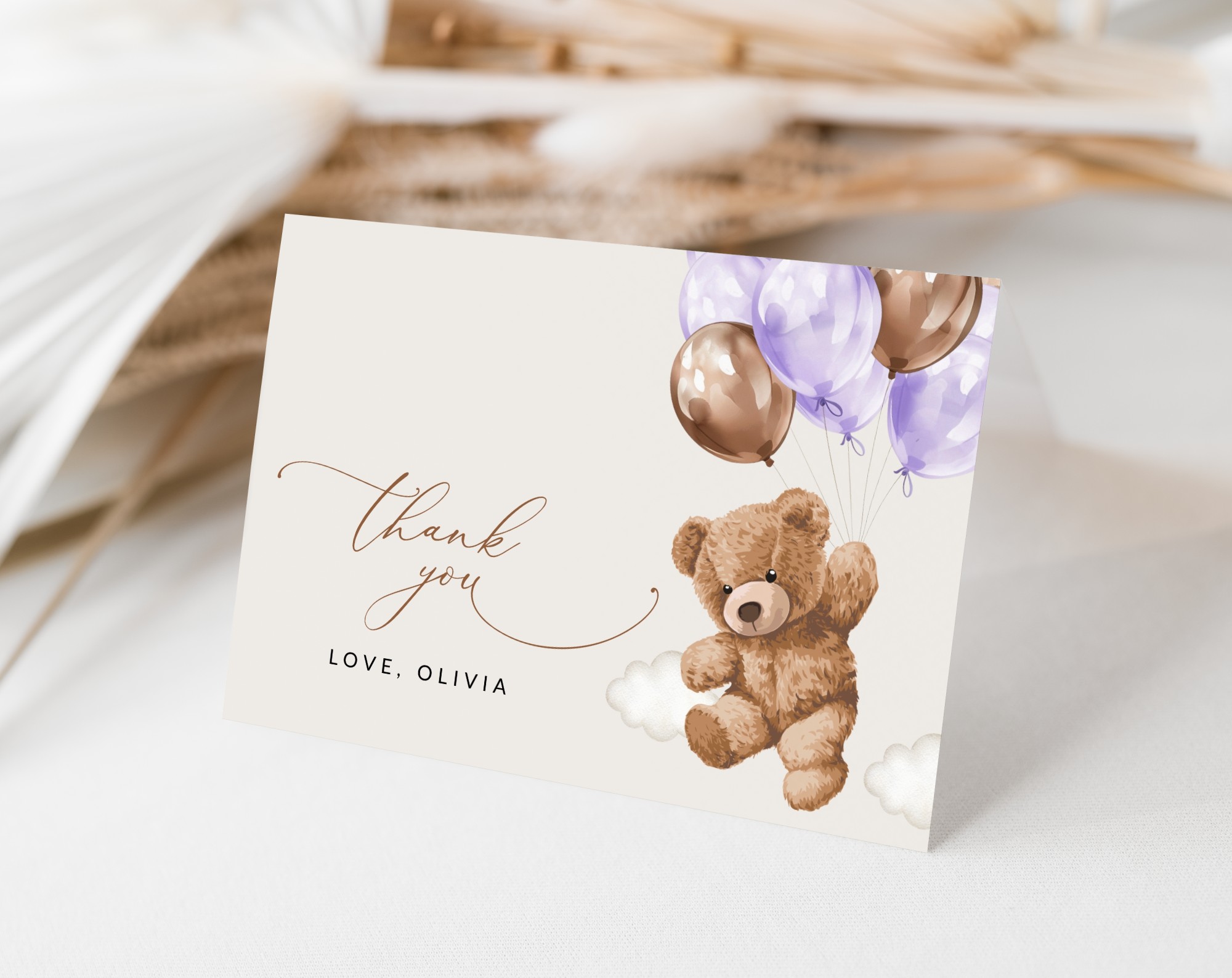 Teddy Bear with Purple Balloons Thank You Card, Girl Baby Shower, Printable File, Edit Yourself, SH68 Teddy Bear with Purple Balloons Thank You Card, Girl Baby Shower, Printable File, Edit Yourself, SH68