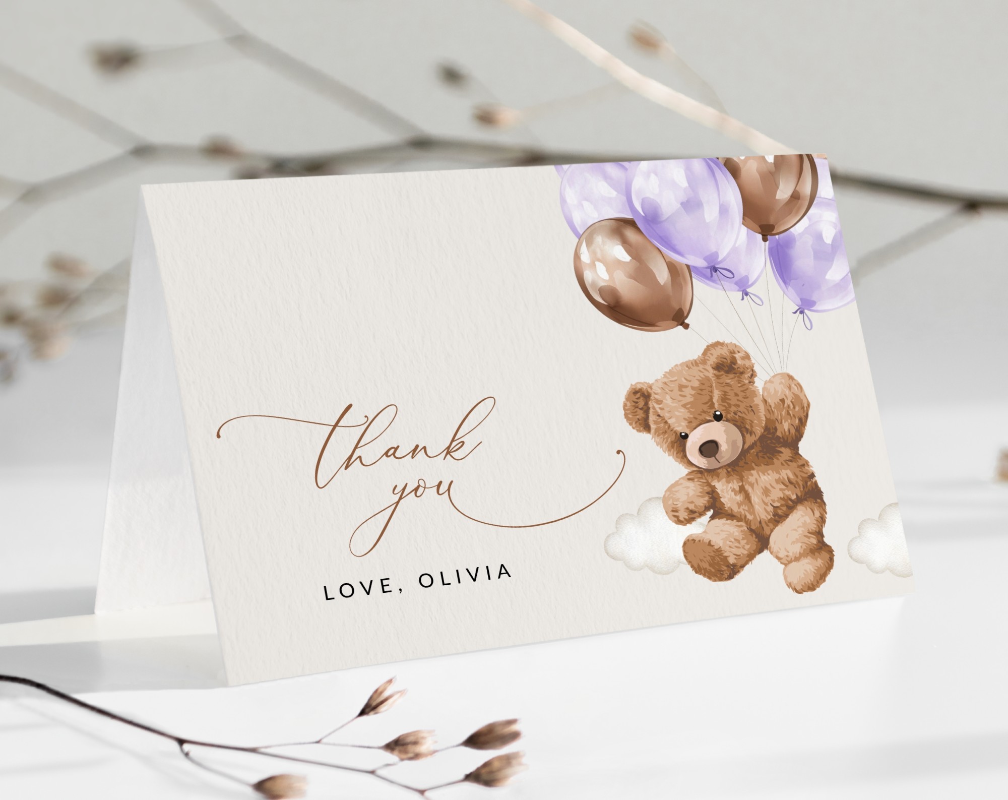 Teddy Bear with Purple Balloons Thank You Card, Girl Baby Shower, Printable File, Edit Yourself, SH68 Teddy Bear with Purple Balloons Thank You Card, Girl Baby Shower, Printable File, Edit Yourself, SH68