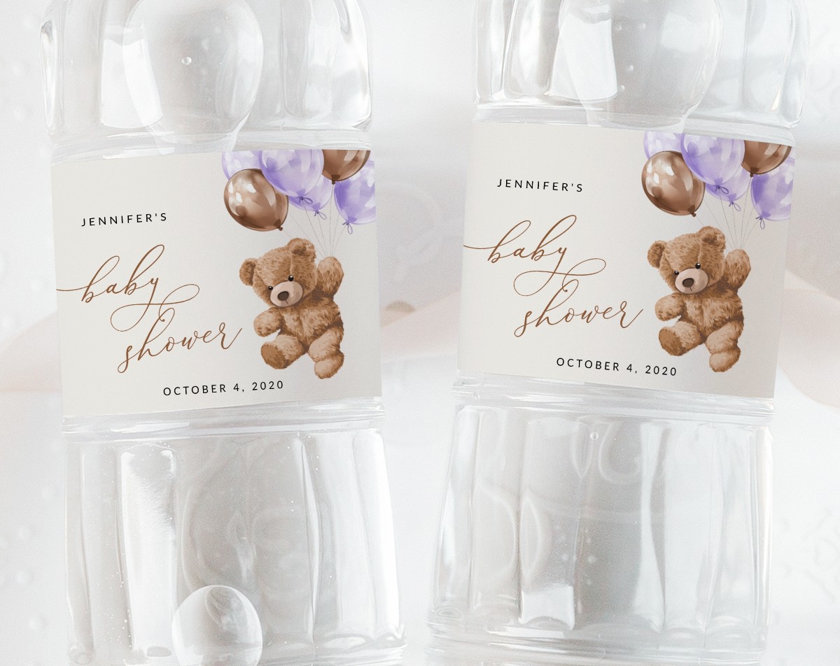 Teddy Bear with Purple Balloons Water Bottle Labels, Baby Shower Decoration, Girl Baby Shower, Printable File, Edit Yourself, SH68