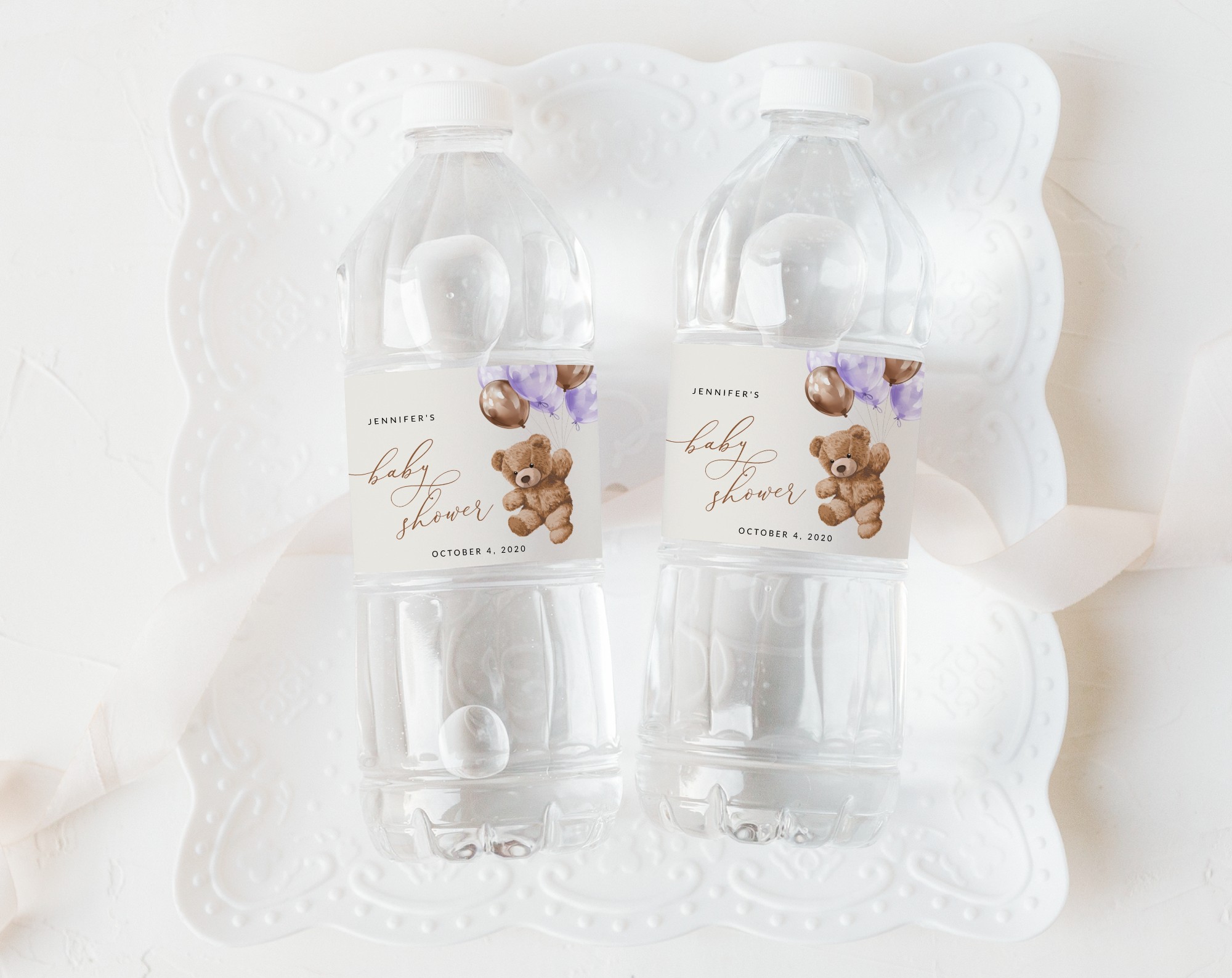 Teddy Bear with Purple Balloons Water Bottle Labels, Baby Shower Decoration, Girl Baby Shower, Printable File, Edit Yourself, SH68