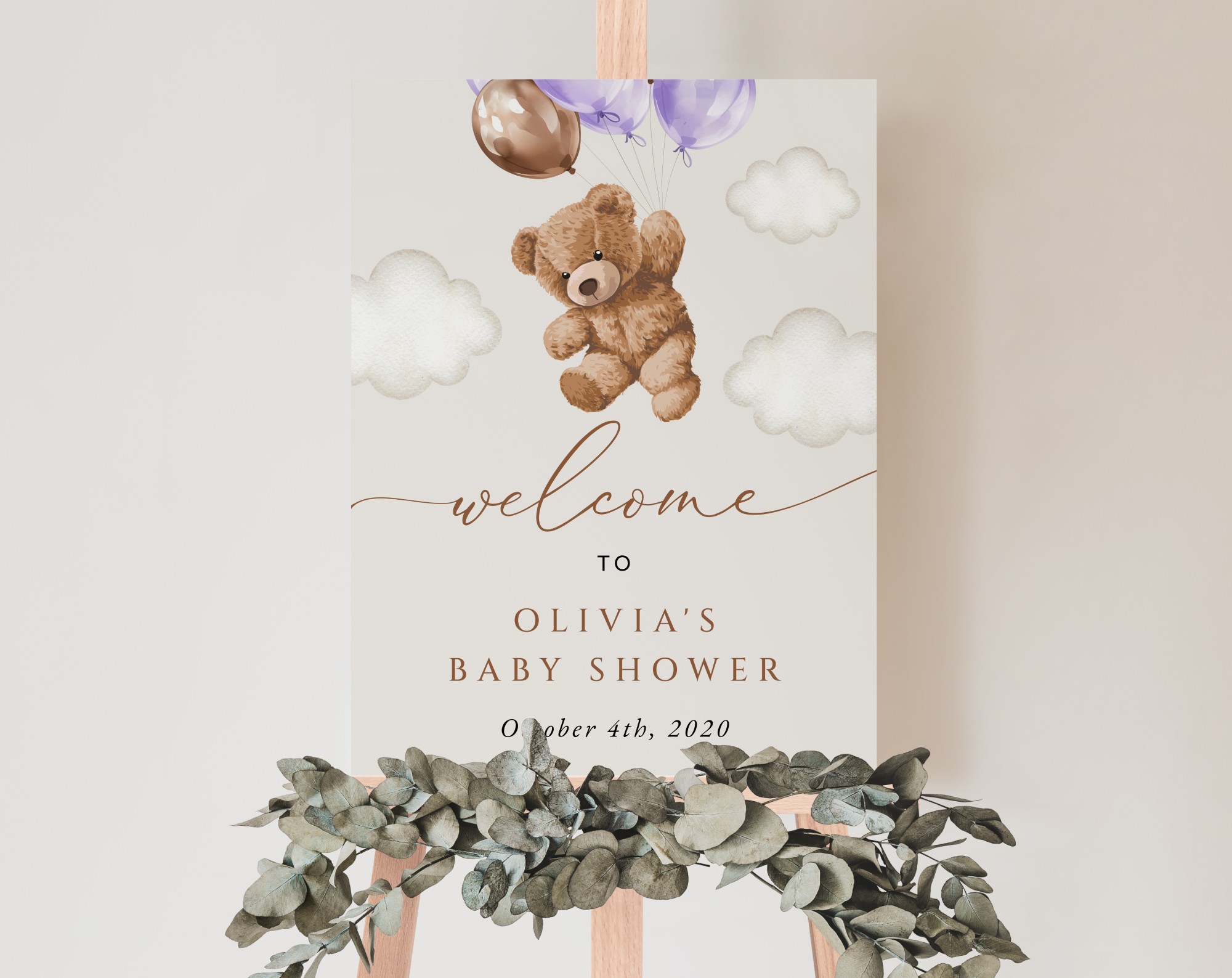 Teddy Bear with Purple Balloons Welcome Sign, Baby Shower Sign, Girl Baby Shower, Printable File, Edit Yourself, SH68 Teddy Bear with Purple Balloons Welcome Sign, Baby Shower Sign, Girl Baby Shower, Printable File, Edit Yourself, SH68