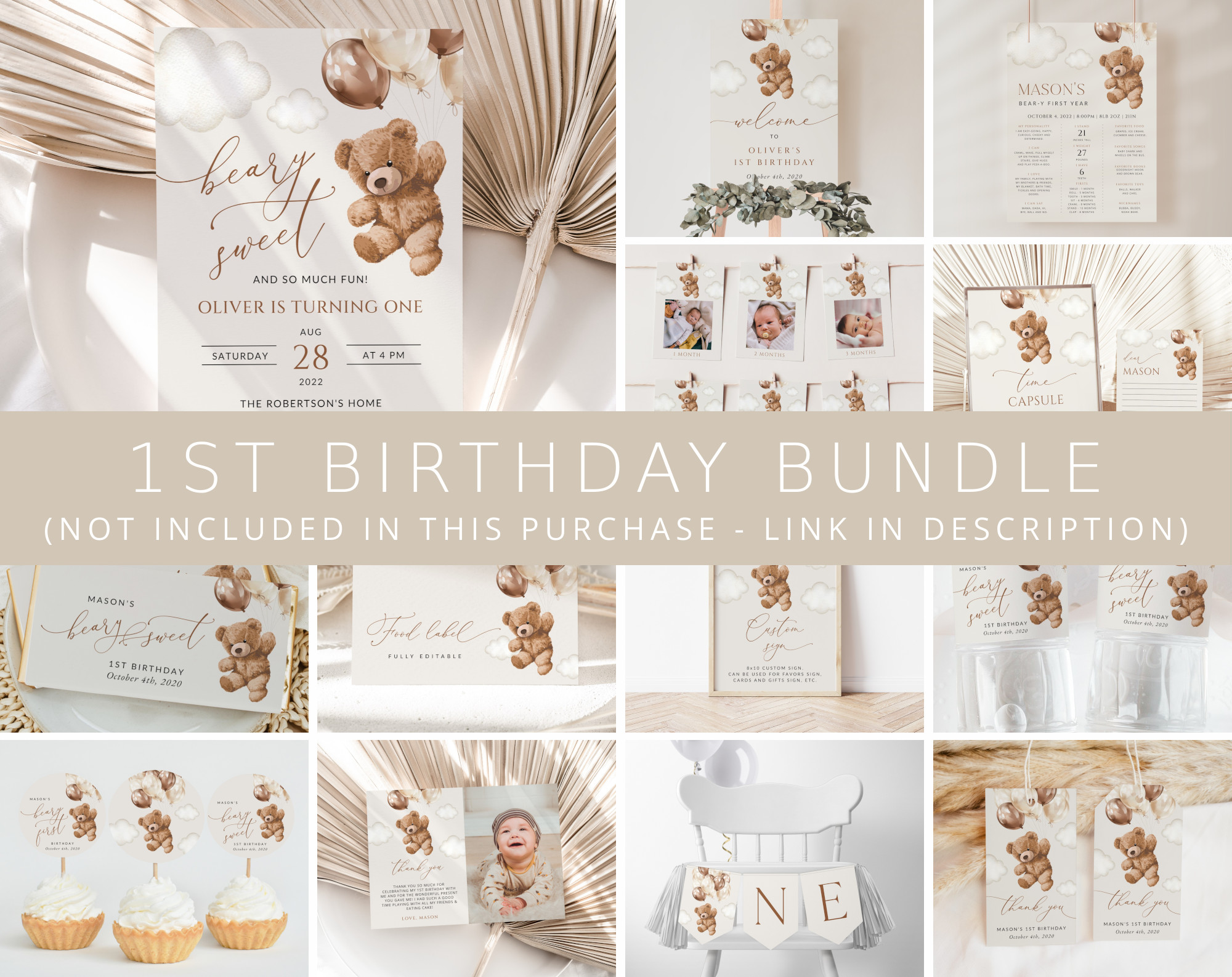 Teddy Bear with Brown Balloons First Birthday Bundle, Boy Birthday, Printable File, Edit Yourself, SH69 Teddy Bear with Brown Balloons First Birthday Bundle, Boy Birthday, Printable File, Edit Yourself, SH69
