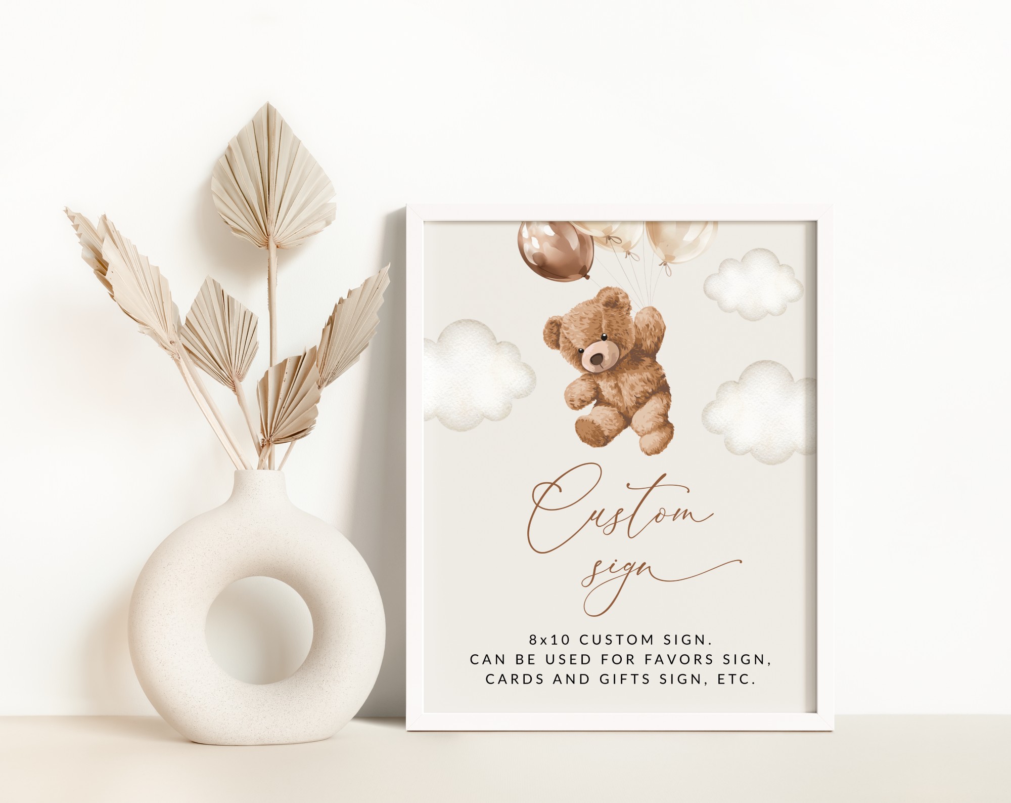 Teddy Bear with Brown Balloons Custom Sign, Birthday Sign, First Birthday, Boy Birthday, Printable File, Edit Yourself, SH69