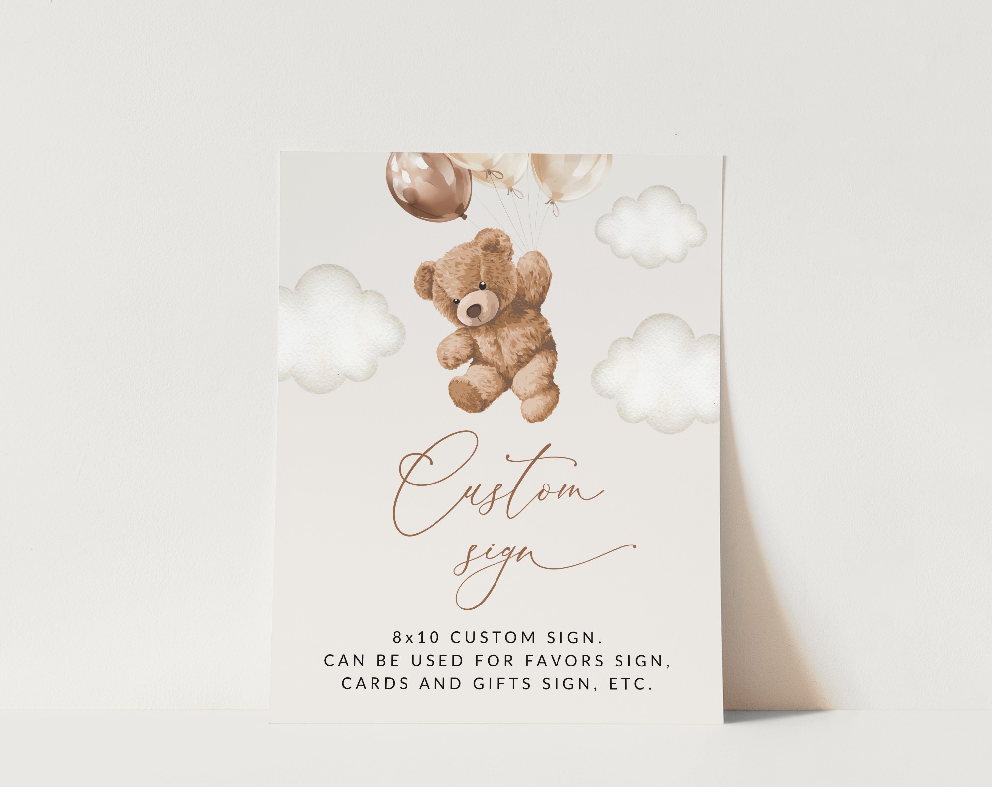 Teddy Bear with Brown Balloons Custom Sign, Birthday Sign, First Birthday, Boy Birthday, Printable File, Edit Yourself, SH69