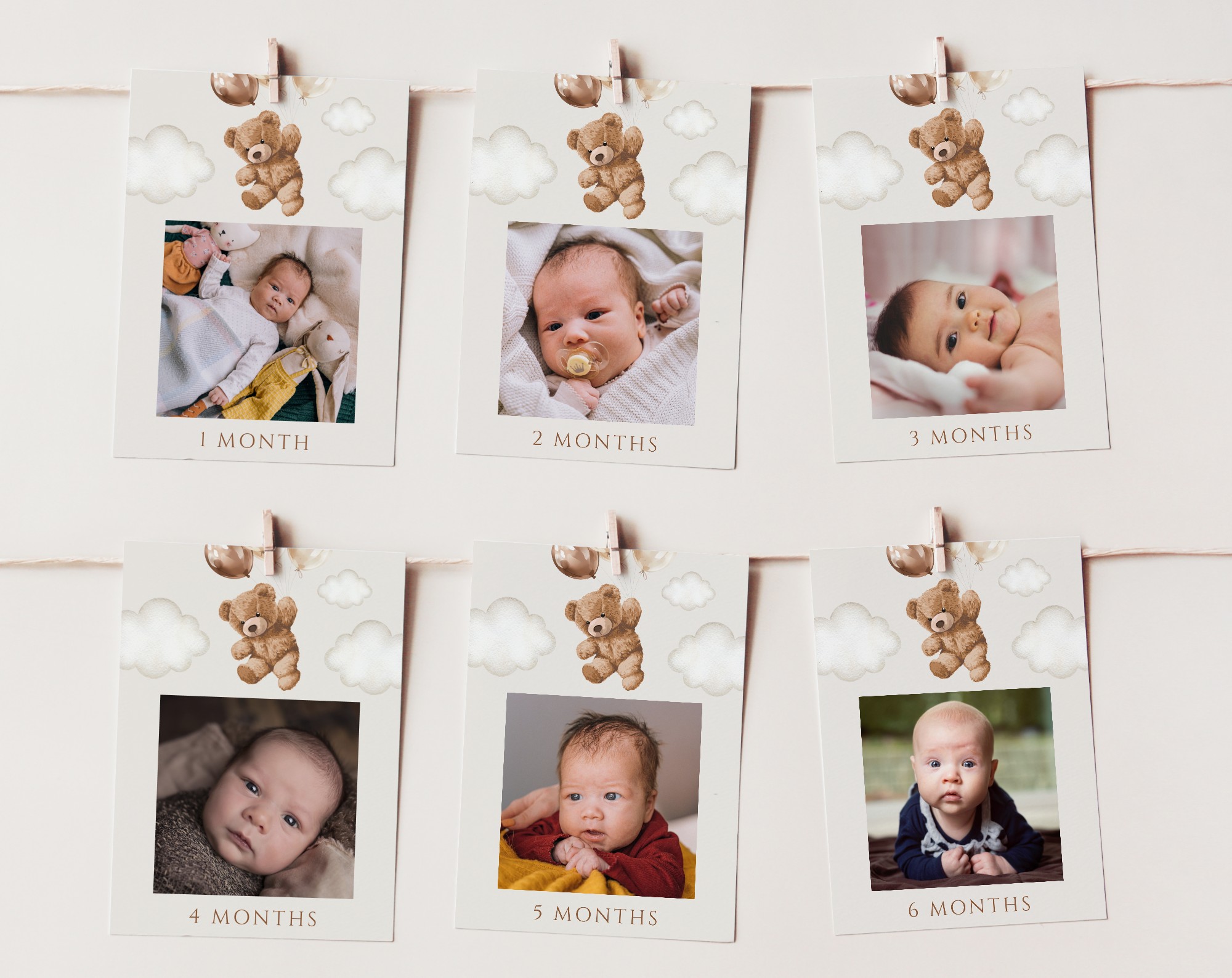 Teddy Bear with Brown Balloons First Year Photos, First Birthday, Boy Birthday, Printable File, Edit Yourself, SH69