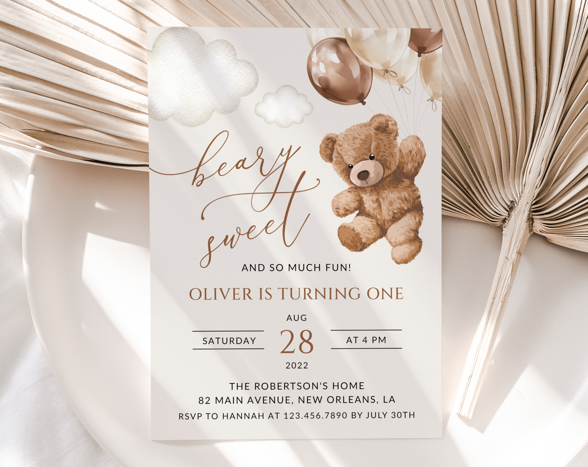 Teddy Bear with Brown Balloons First Birthday Invitation, Birthday Stationery, Boy Birthday, Printable File, Edit Yourself, SH69 Teddy Bear with Brown Balloons First Birthday Invitation, Birthday Stationery, Boy Birthday, Printable File, Edit Yourself, SH69
