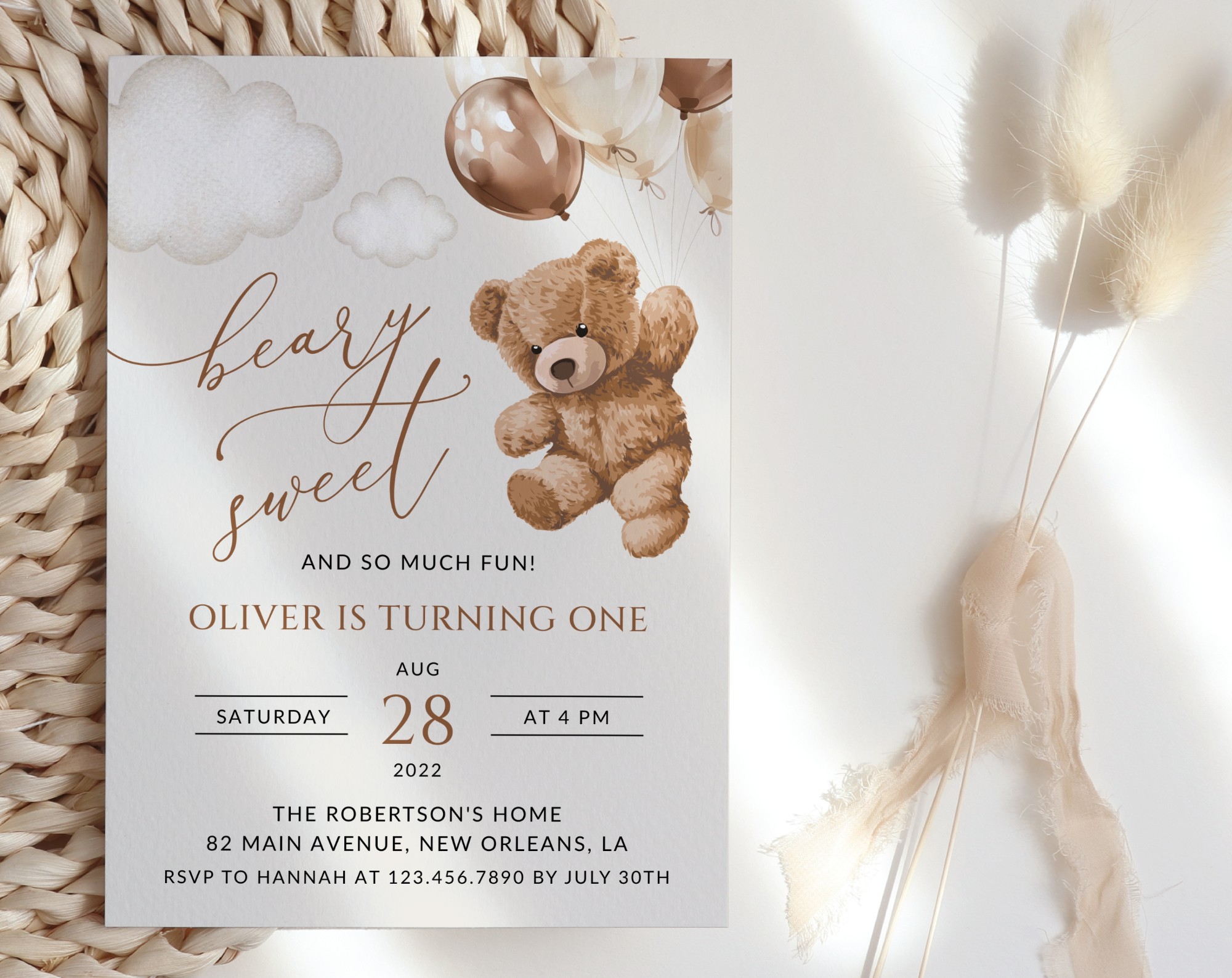 Teddy Bear with Brown Balloons First Birthday Invitation, Birthday Stationery, Boy Birthday, Printable File, Edit Yourself, SH69 Teddy Bear with Brown Balloons First Birthday Invitation, Birthday Stationery, Boy Birthday, Printable File, Edit Yourself, SH69