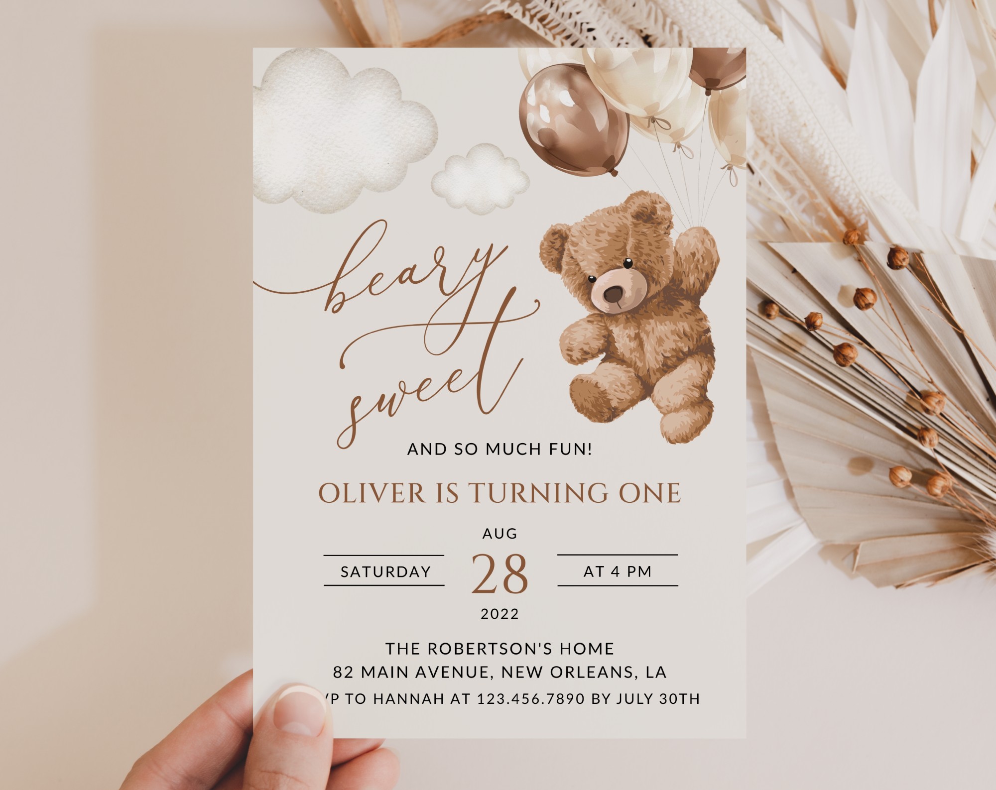 Teddy Bear with Brown Balloons First Birthday Invitation, Birthday Stationery, Boy Birthday, Printable File, Edit Yourself, SH69 Teddy Bear with Brown Balloons First Birthday Invitation, Birthday Stationery, Boy Birthday, Printable File, Edit Yourself, SH69