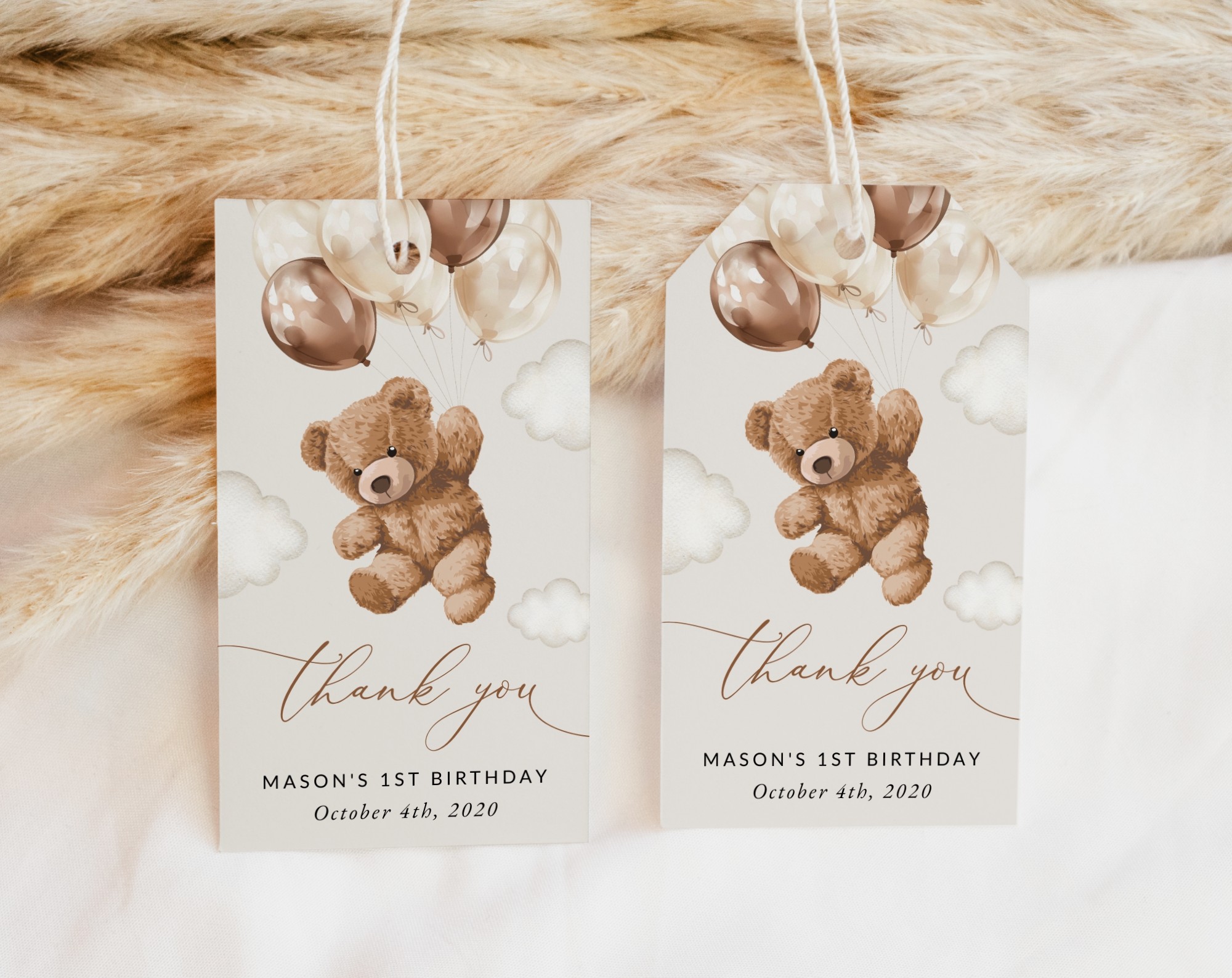 Teddy Bear with Brown Balloons Favor Tags, Gift Tags, First Birthday, Boy Birthday, Printable File, Edit Yourself, SH69