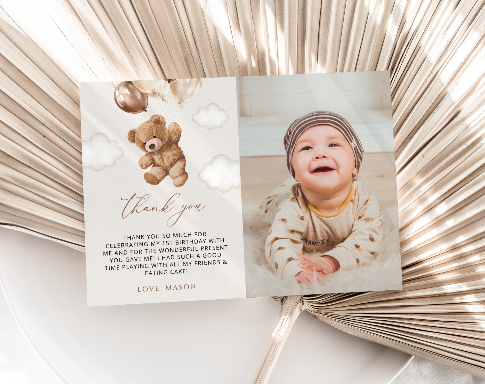 Teddy Bear with Brown Balloons Thank You Card, First Birthday, Boy Birthday, Printable File, Edit Yourself, SH69 Teddy Bear with Brown Balloons Thank You Card, First Birthday, Boy Birthday, Printable File, Edit Yourself, SH69