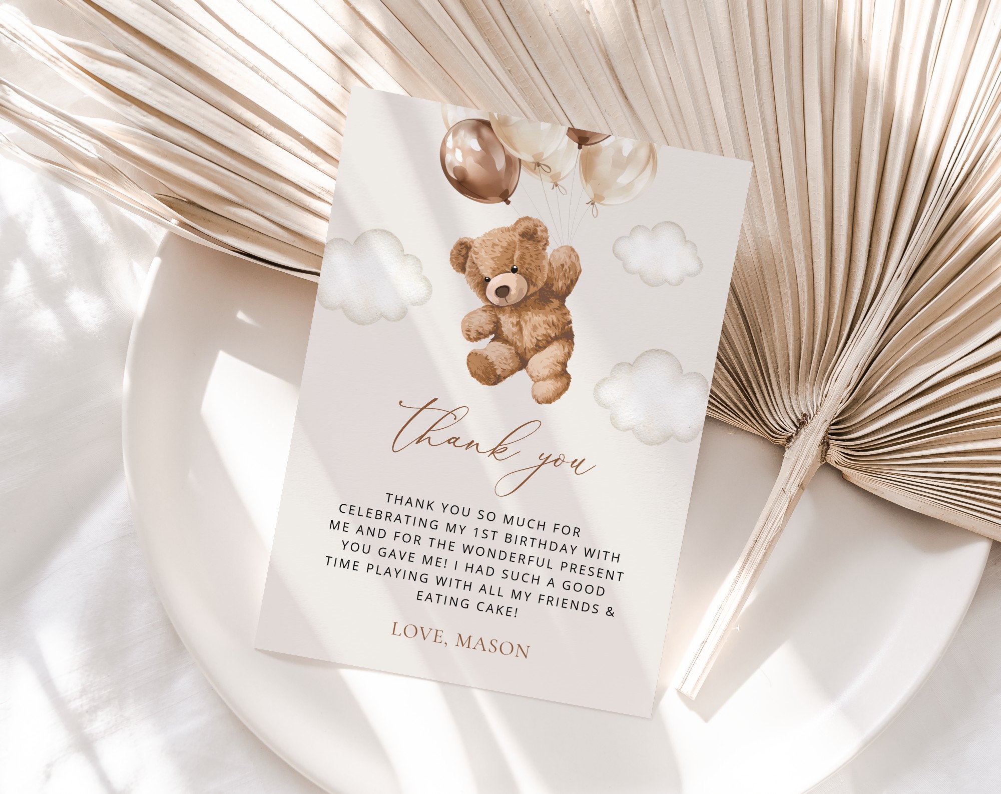 Teddy Bear with Brown Balloons Thank You Card, First Birthday, Boy Birthday, Printable File, Edit Yourself, SH69 Teddy Bear with Brown Balloons Thank You Card, First Birthday, Boy Birthday, Printable File, Edit Yourself, SH69