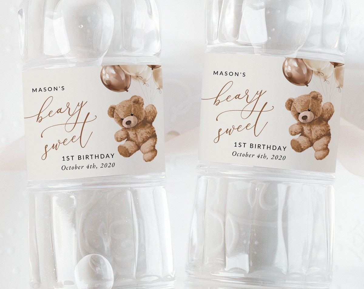 Teddy Bear with Brown Balloons Water Bottle Labels, First Birthday, Boy Birthday, Printable File, Edit Yourself, SH69 Teddy Bear with Brown Balloons Water Bottle Labels, First Birthday, Boy Birthday, Printable File, Edit Yourself, SH69