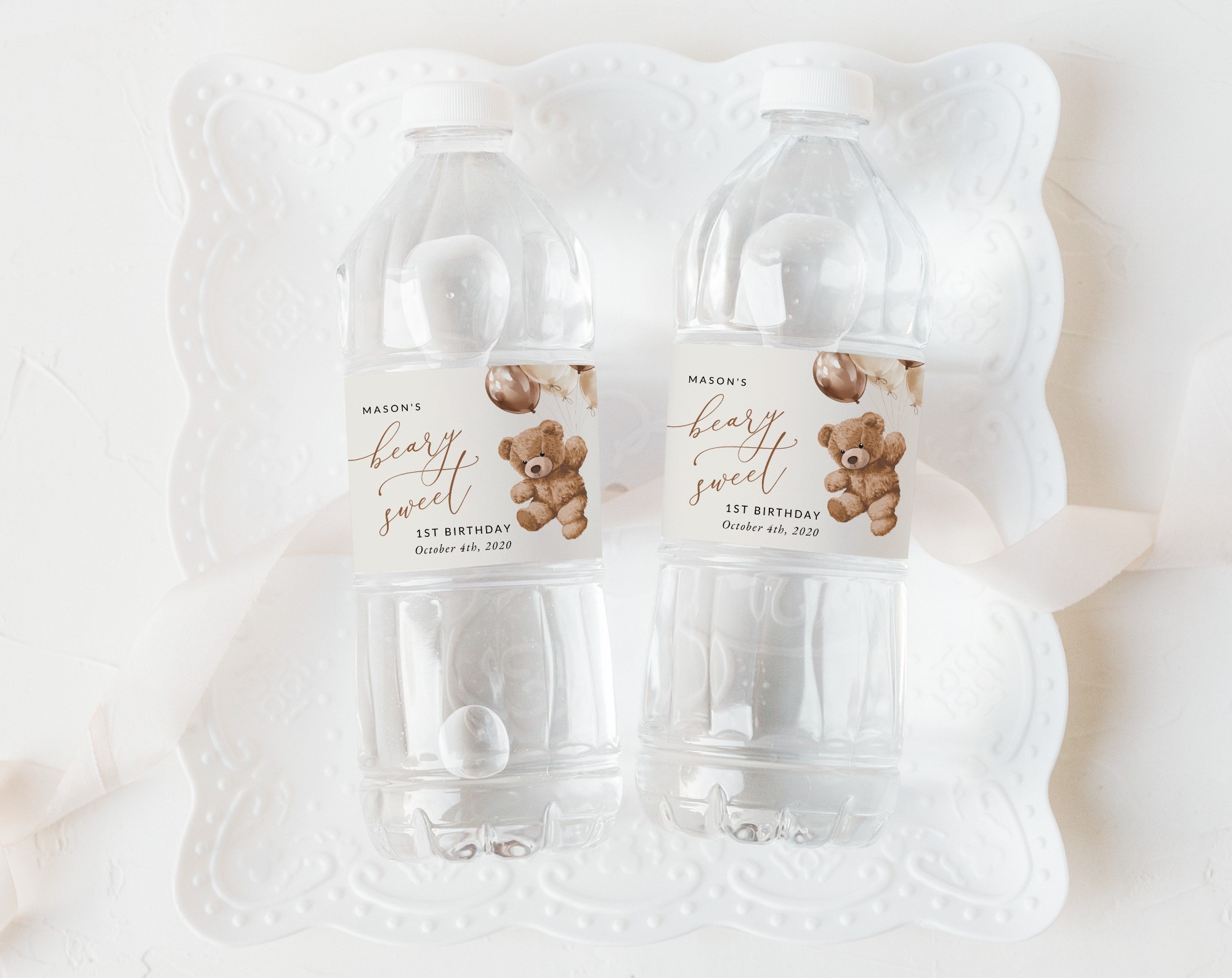 Teddy Bear with Brown Balloons Water Bottle Labels, First Birthday, Boy Birthday, Printable File, Edit Yourself, SH69 Teddy Bear with Brown Balloons Water Bottle Labels, First Birthday, Boy Birthday, Printable File, Edit Yourself, SH69