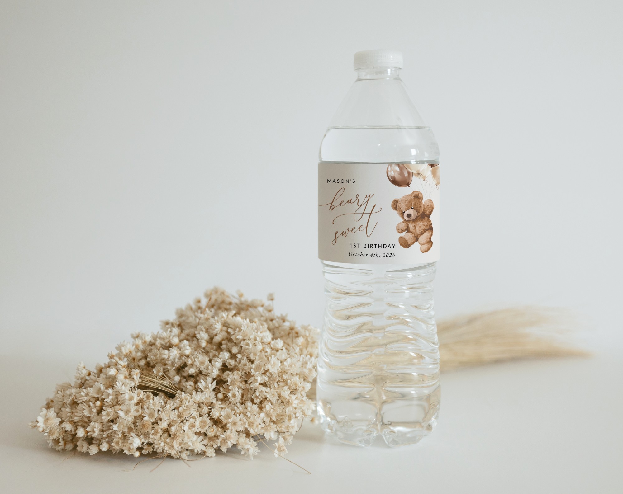 Teddy Bear with Brown Balloons Water Bottle Labels, First Birthday, Boy Birthday, Printable File, Edit Yourself, SH69 Teddy Bear with Brown Balloons Water Bottle Labels, First Birthday, Boy Birthday, Printable File, Edit Yourself, SH69