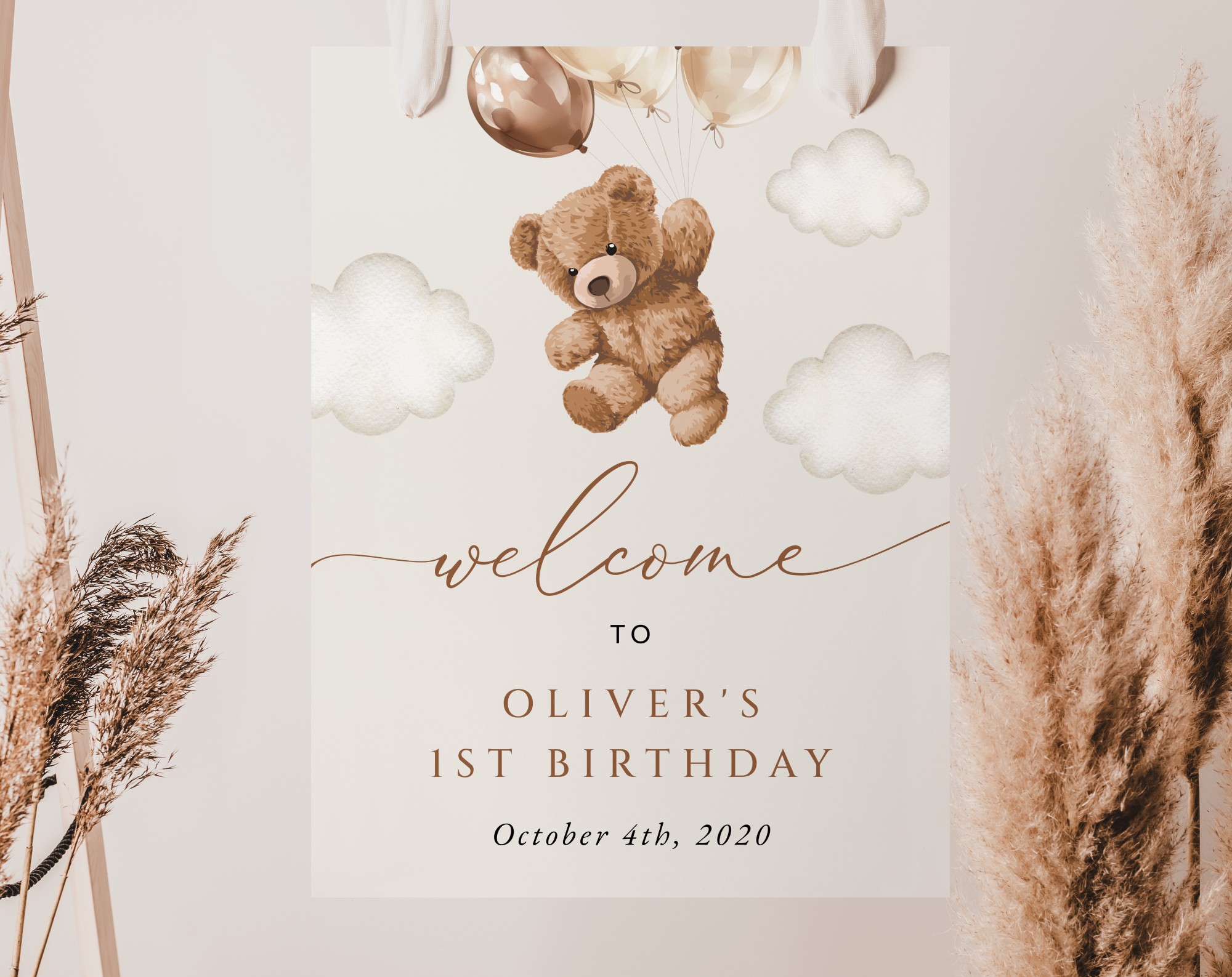 Teddy Bear with Brown Balloons Welcome Sign, Birthday Sign, First Birthday, Boy Birthday, Printable File, Edit Yourself, SH69 Teddy Bear with Brown Balloons Welcome Sign, Birthday Sign, First Birthday, Boy Birthday, Printable File, Edit Yourself, SH69
