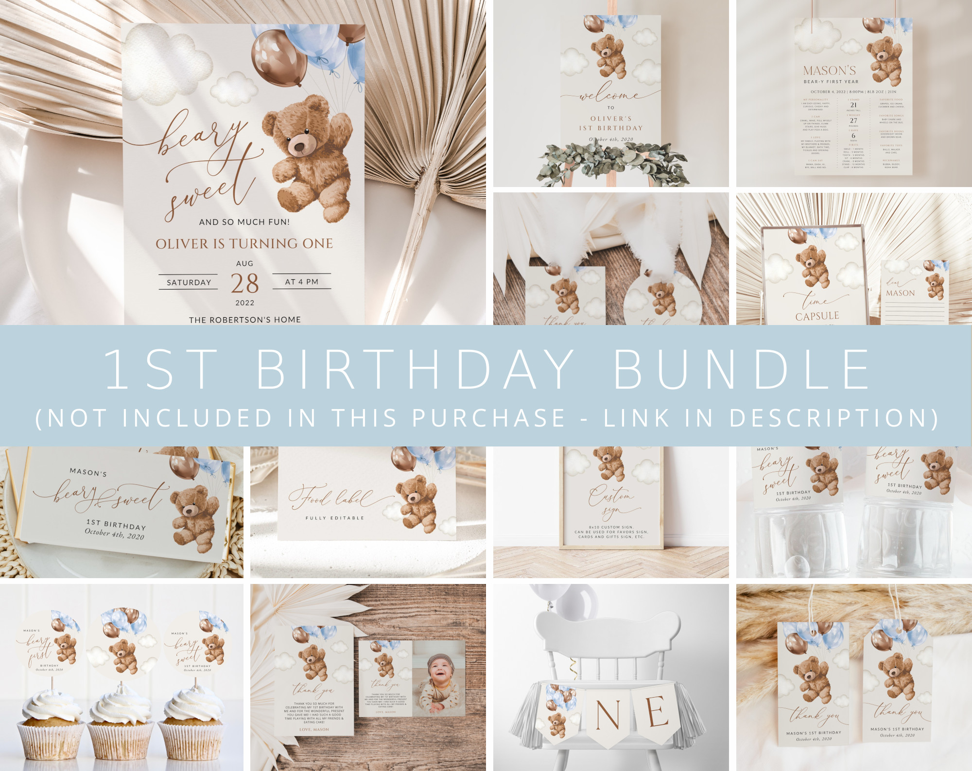 Teddy Bear with Blue Balloons First Birthday Bundle, Boy Birthday, Printable File, Edit Yourself, SH70 Teddy Bear with Blue Balloons First Birthday Bundle, Boy Birthday, Printable File, Edit Yourself, SH70