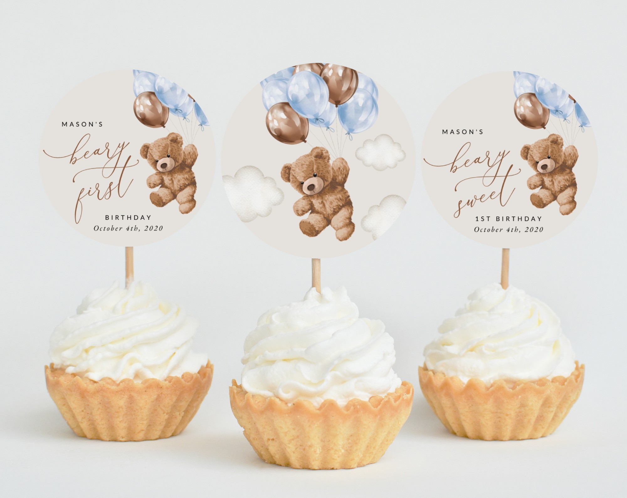 Teddy Bear with Blue Balloons Cupcake Toppers, First Birthday, Boy Birthday, Printable File, Edit Yourself, SH70 Teddy Bear with Blue Balloons Cupcake Toppers, First Birthday, Boy Birthday, Printable File, Edit Yourself, SH70