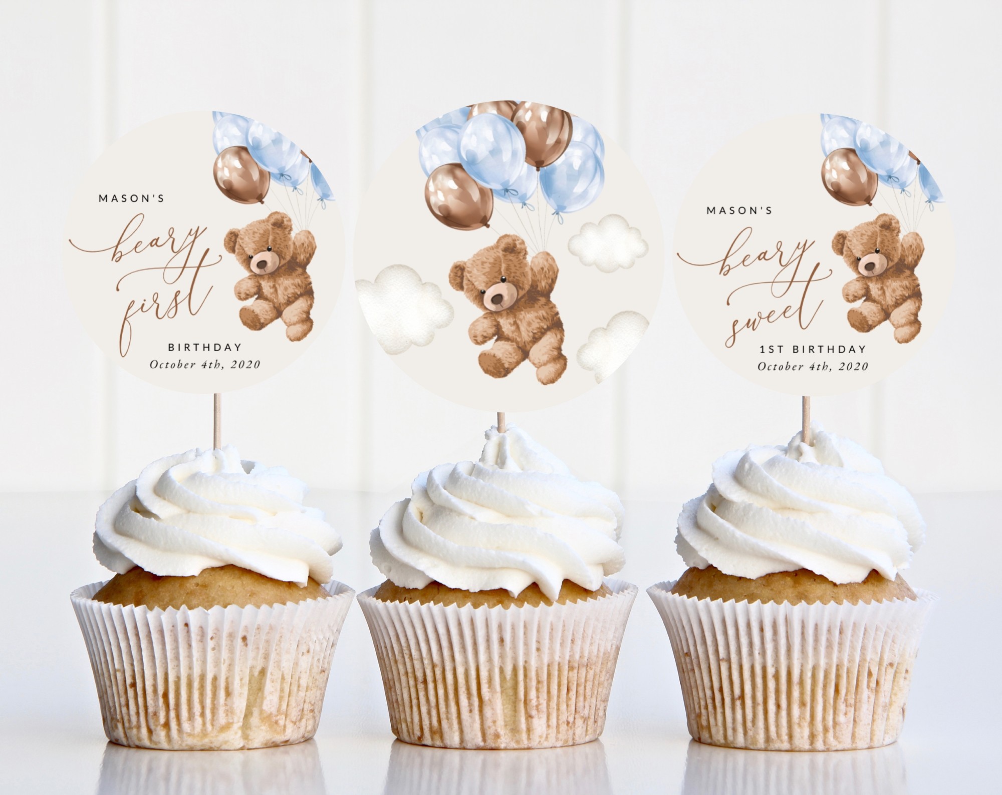 Teddy Bear with Blue Balloons Cupcake Toppers, First Birthday, Boy Birthday, Printable File, Edit Yourself, SH70 Teddy Bear with Blue Balloons Cupcake Toppers, First Birthday, Boy Birthday, Printable File, Edit Yourself, SH70