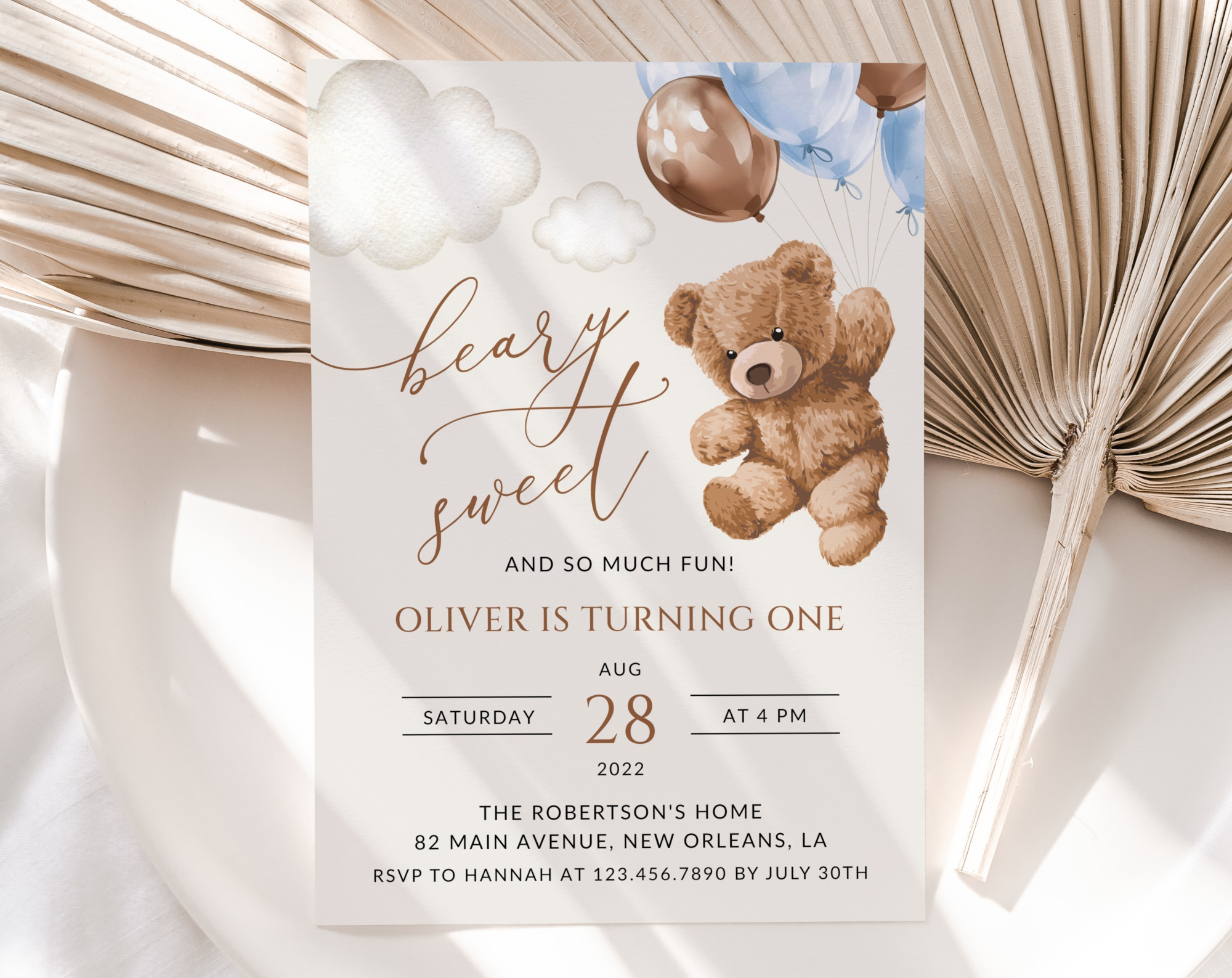 Teddy Bear with Blue Balloons First Birthday Invitation, Birthday Stationery, Boy Birthday, Printable File, Edit Yourself, SH70 Teddy Bear with Blue Balloons First Birthday Invitation, Birthday Stationery, Boy Birthday, Printable File, Edit Yourself, SH70