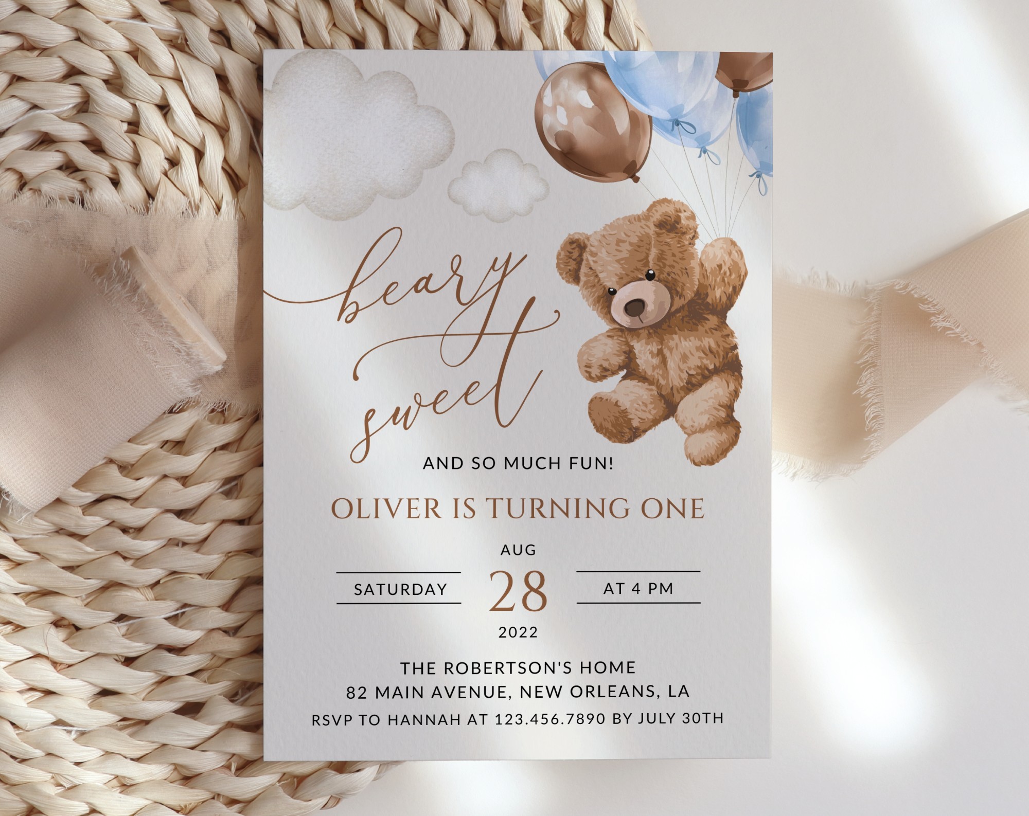 Teddy Bear with Blue Balloons First Birthday Invitation, Birthday Stationery, Boy Birthday, Printable File, Edit Yourself, SH70