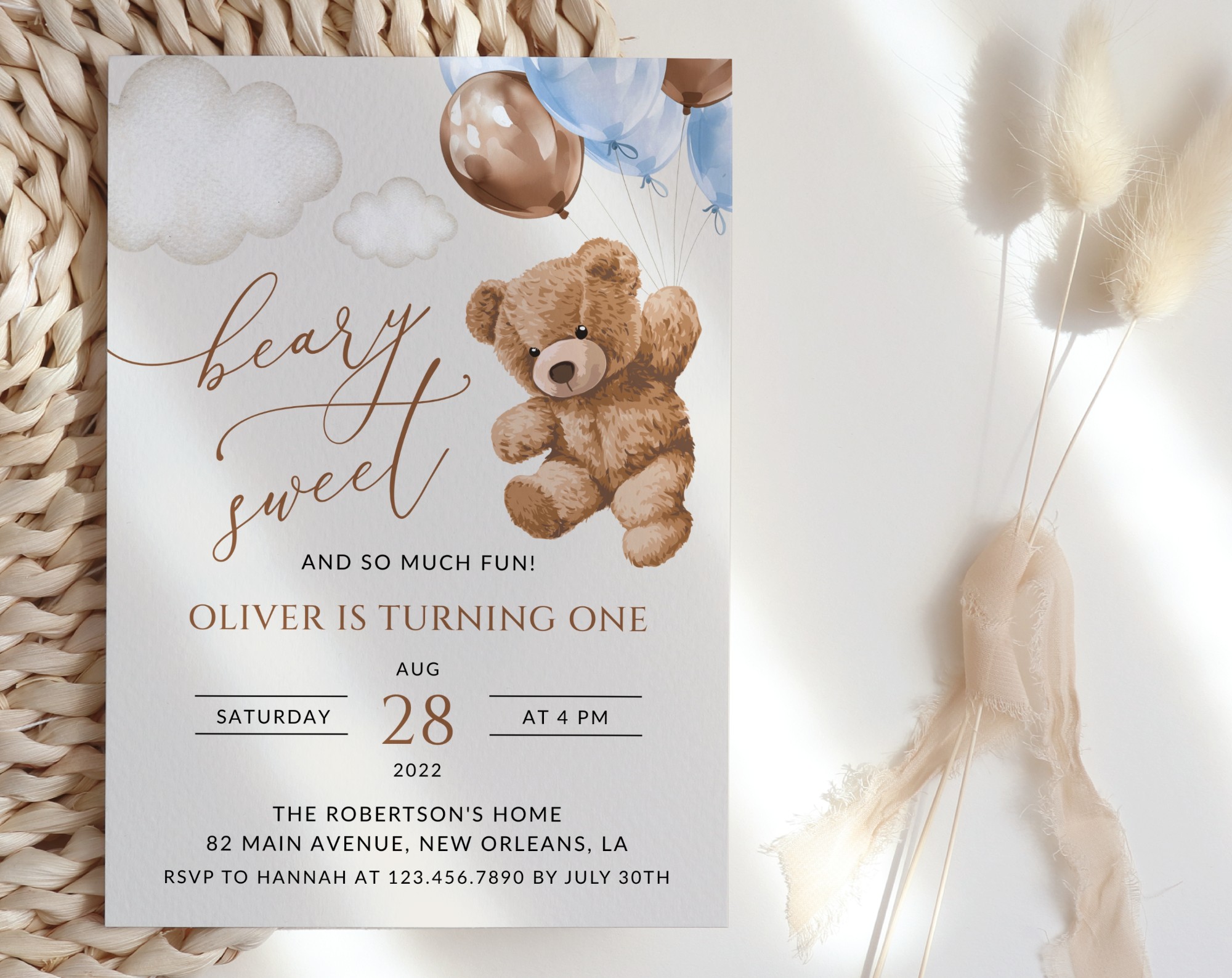 Teddy Bear with Blue Balloons First Birthday Invitation, Birthday Stationery, Boy Birthday, Printable File, Edit Yourself, SH70