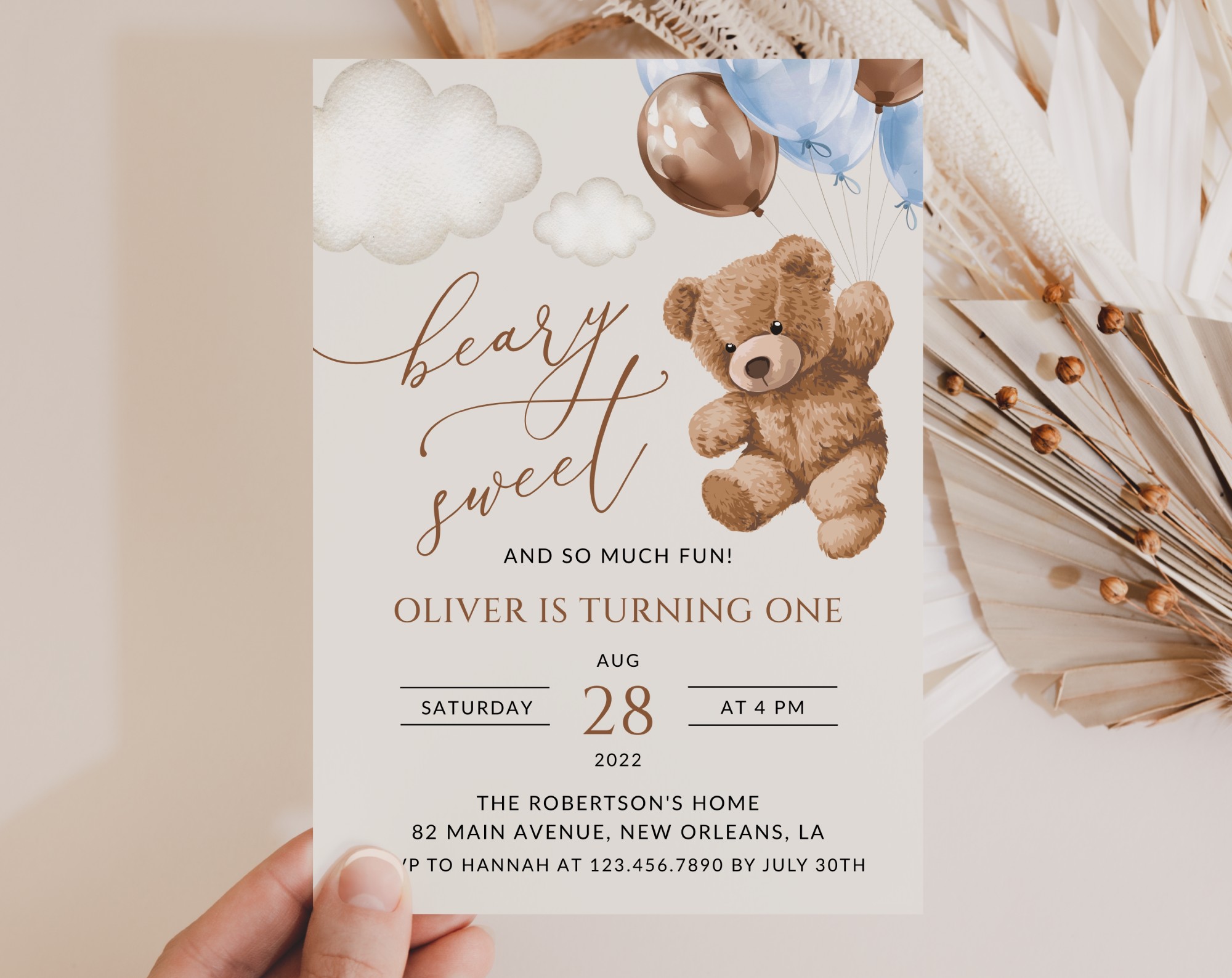 Teddy Bear with Blue Balloons First Birthday Invitation, Birthday Stationery, Boy Birthday, Printable File, Edit Yourself, SH70