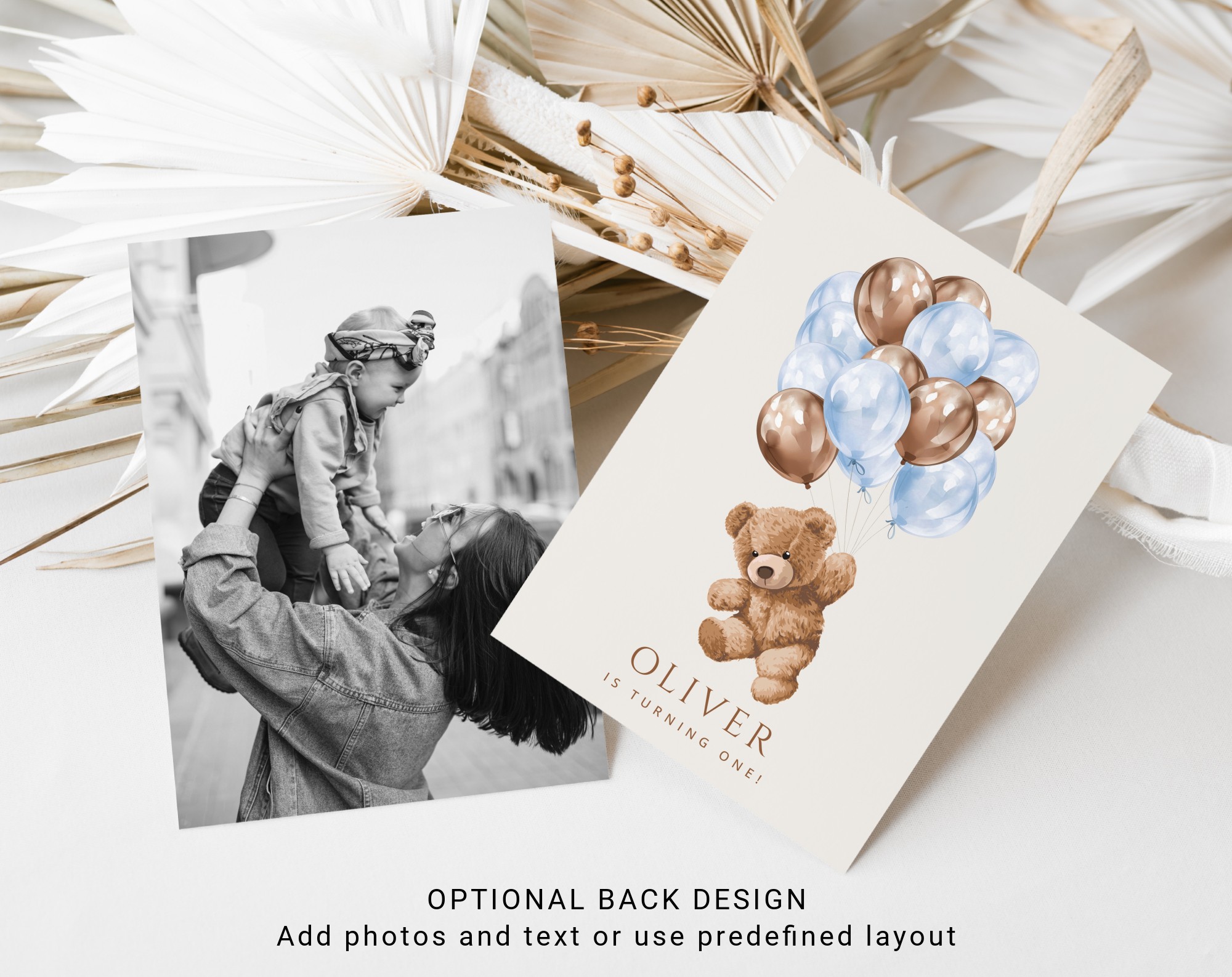 Teddy Bear with Blue Balloons First Birthday Invitation, Birthday Stationery, Boy Birthday, Printable File, Edit Yourself, SH70