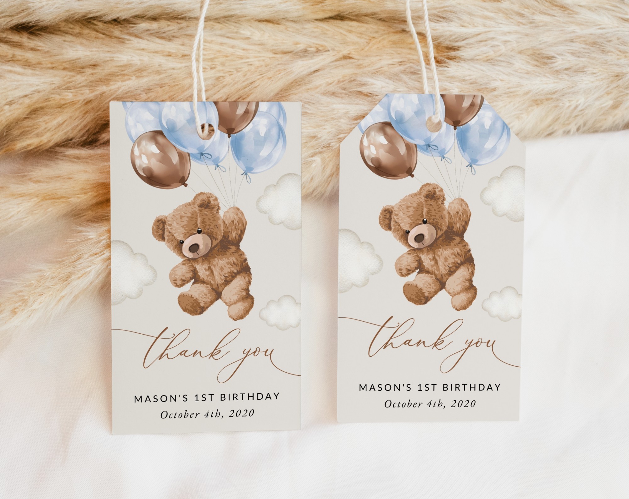 Teddy Bear with Blue Balloons Favor Tags, Gift Tags, First Birthday, Boy Birthday, Printable File, Edit Yourself, SH70