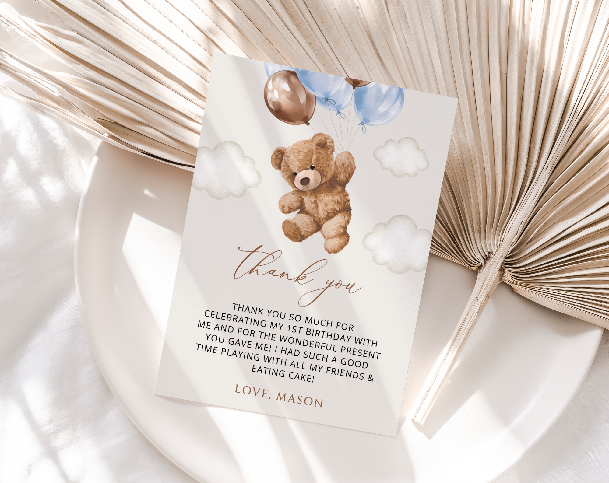 Teddy Bear with Blue Balloons Thank You Card, First Birthday, Boy Birthday, Printable File, Edit Yourself, SH70