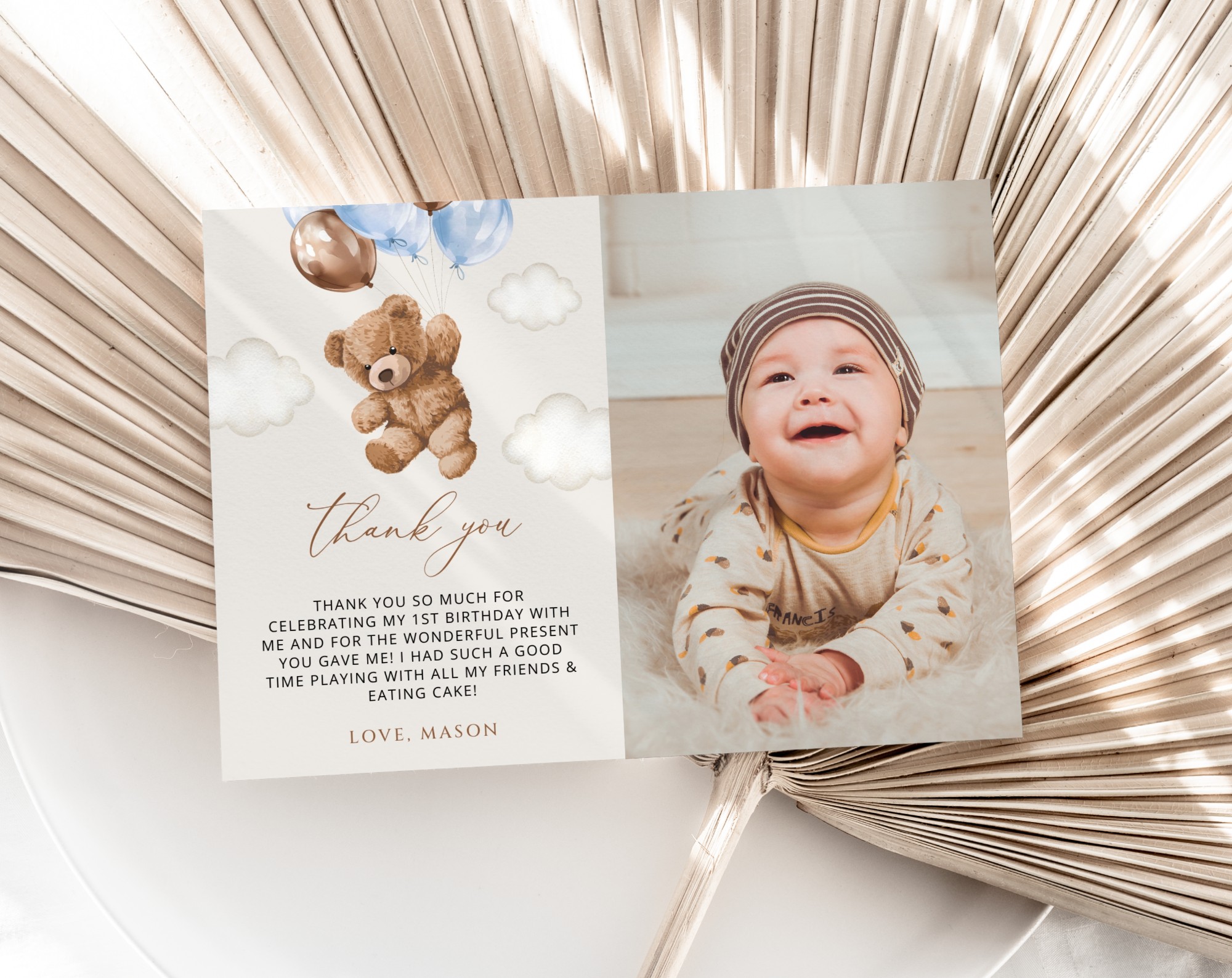 Teddy Bear with Blue Balloons Thank You Card, First Birthday, Boy Birthday, Printable File, Edit Yourself, SH70