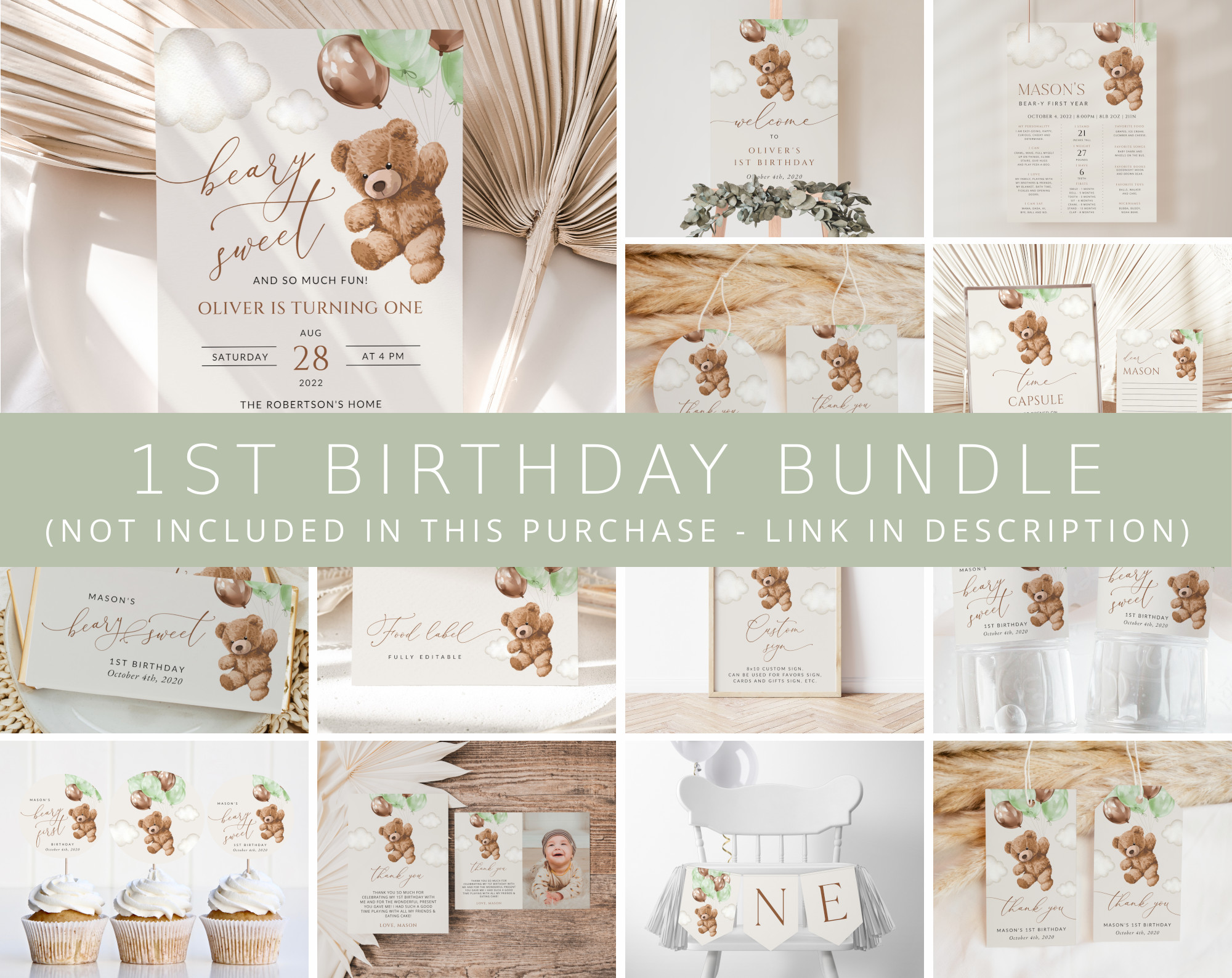 Teddy Bear with Green Balloons First Birthday Bundle, Boy Birthday, Printable File, Edit Yourself, SH71