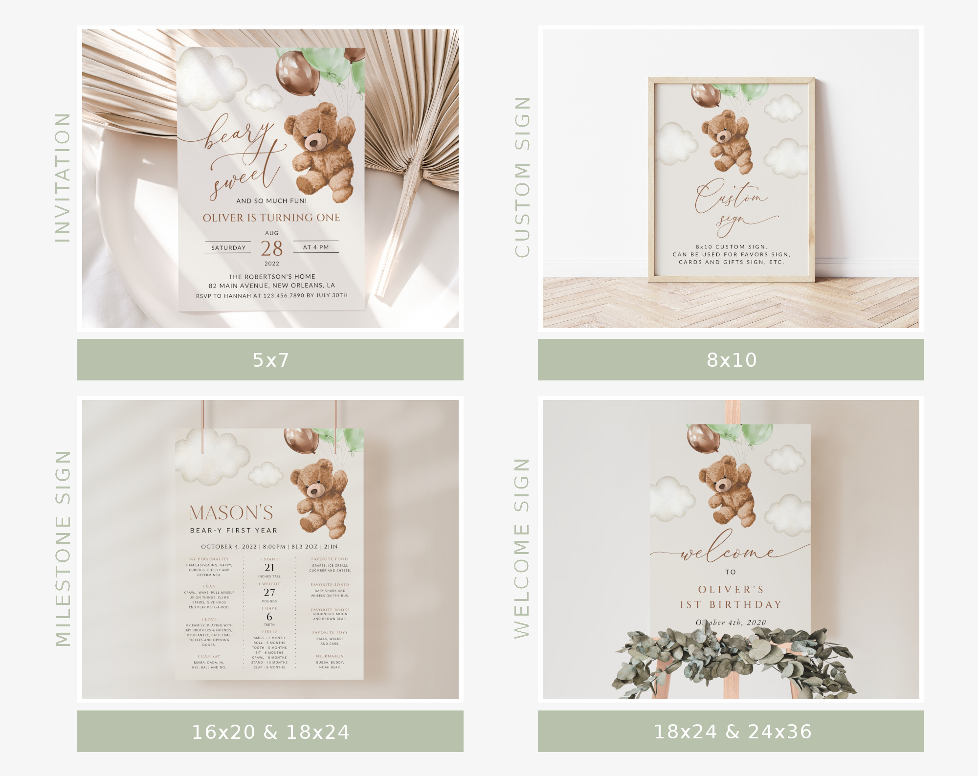 Teddy Bear with Green Balloons First Birthday Bundle, Boy Birthday, Printable File, Edit Yourself, SH71