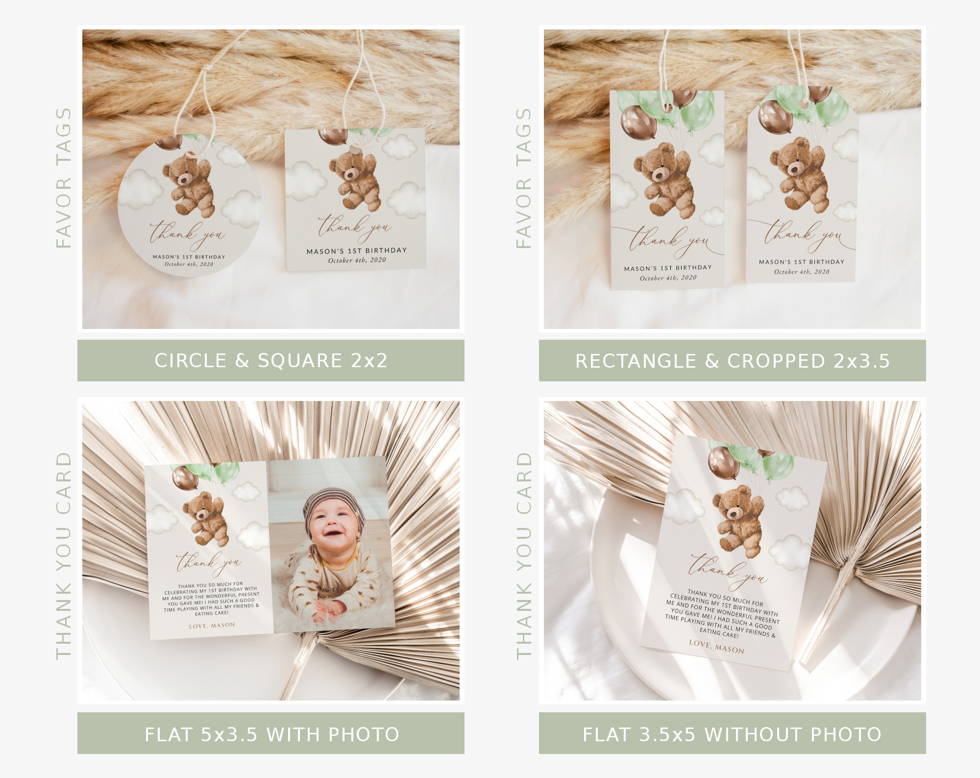 Teddy Bear with Green Balloons First Birthday Bundle, Boy Birthday, Printable File, Edit Yourself, SH71