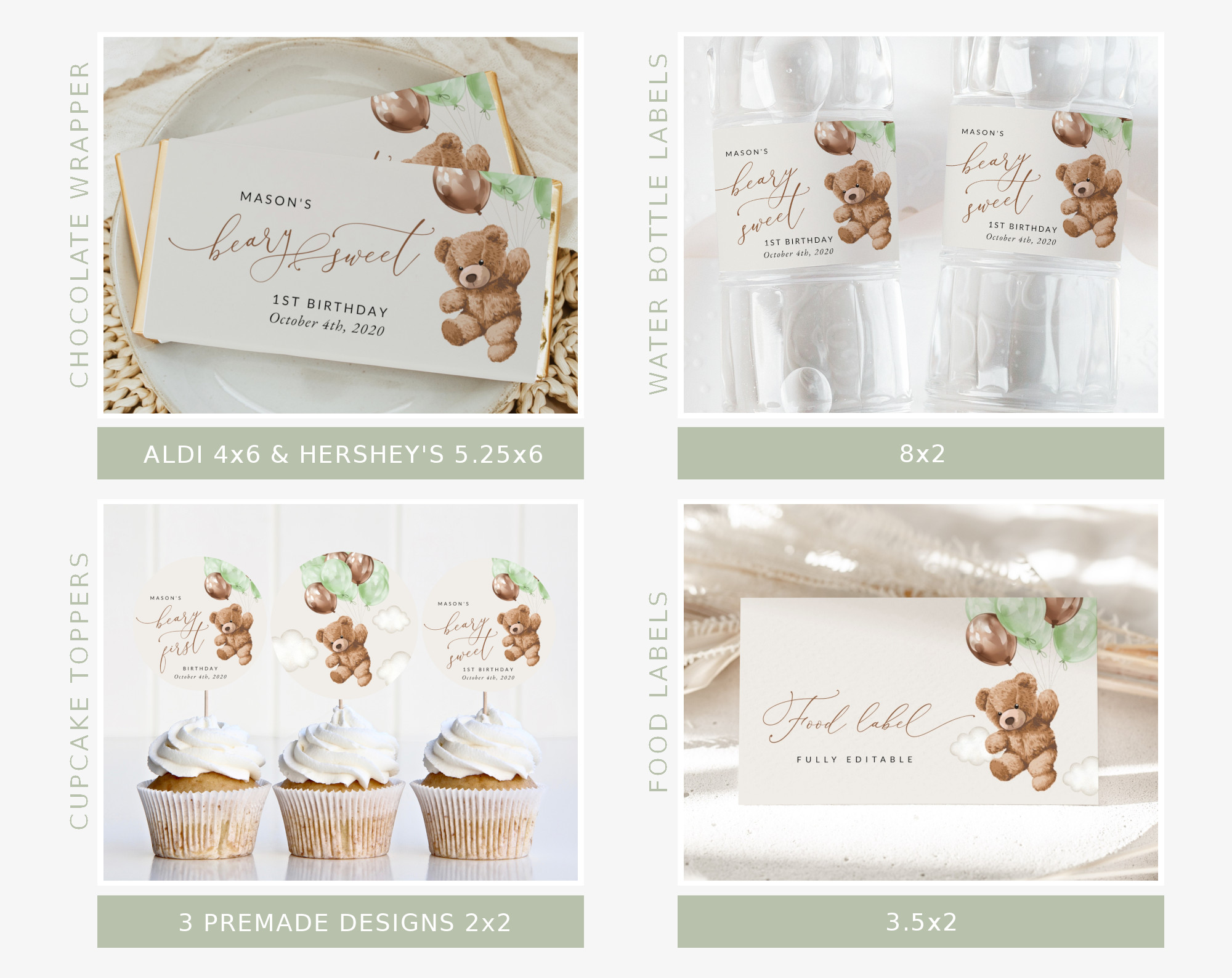 Teddy Bear with Green Balloons First Birthday Bundle, Boy Birthday, Printable File, Edit Yourself, SH71