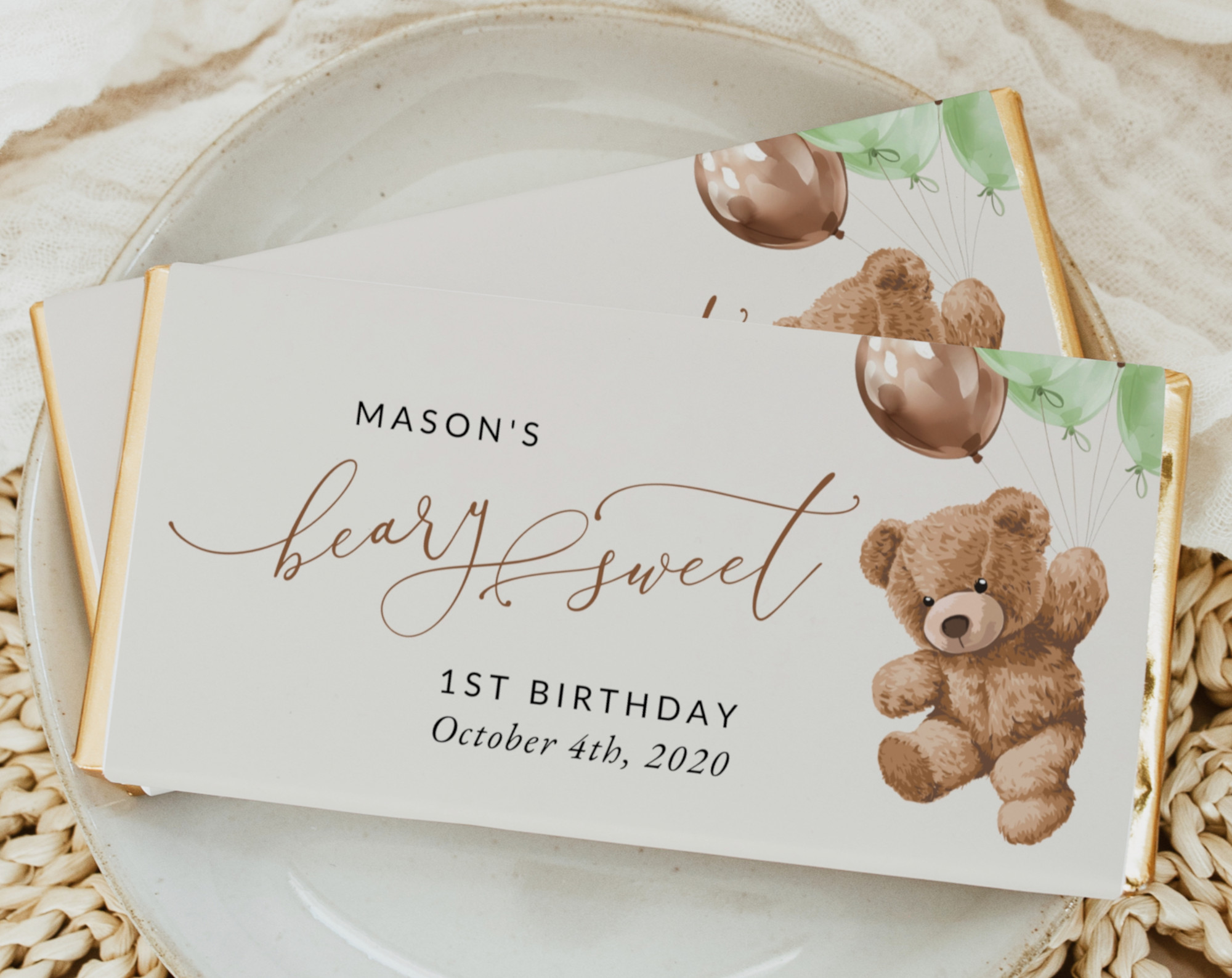 Teddy Bear with Green Balloons Chocolate Bar Wrapper, First Birthday, Boy Birthday, Printable File, Edit Yourself, SH71