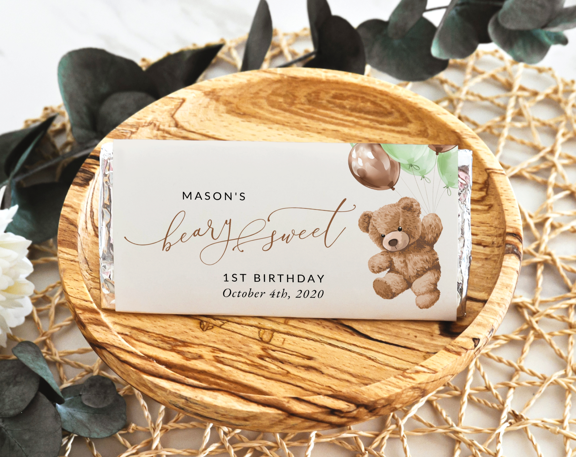 Teddy Bear with Green Balloons Chocolate Bar Wrapper, First Birthday, Boy Birthday, Printable File, Edit Yourself, SH71