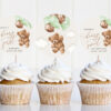 Teddy Bear with Green Balloons Cupcake Toppers, First Birthday, Boy Birthday, Printable File, Edit Yourself, SH71
