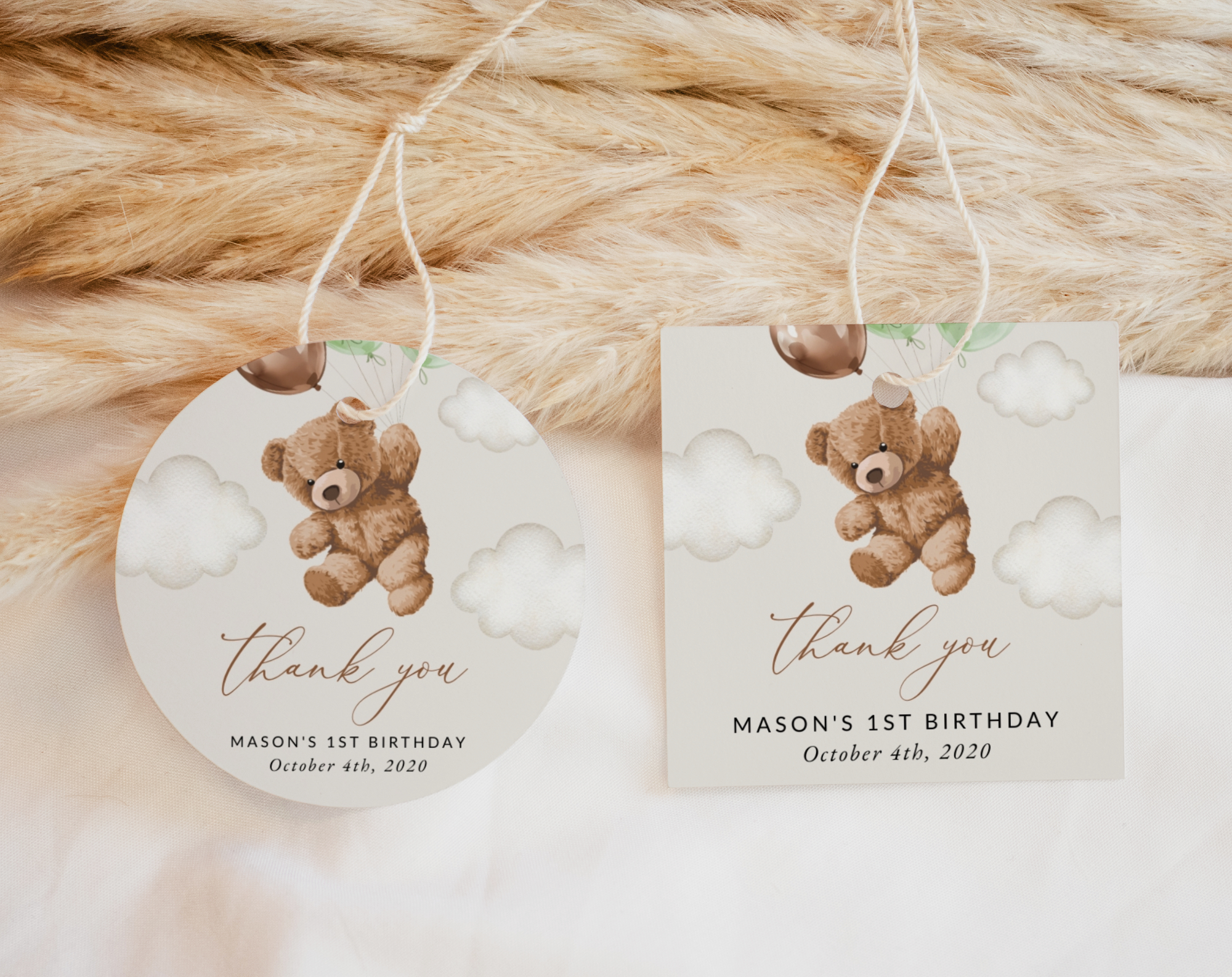 Teddy Bear with Green Balloons Favor Tags, Gift Tags, First Birthday, Boy Birthday, Printable File, Edit Yourself, SH71