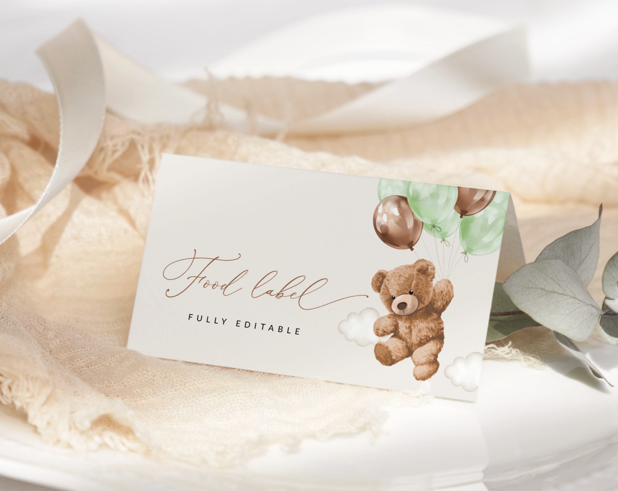 Teddy Bear with Green Balloons Food Label, First Birthday, Boy Birthday, Printable File, Edit Yourself, SH71