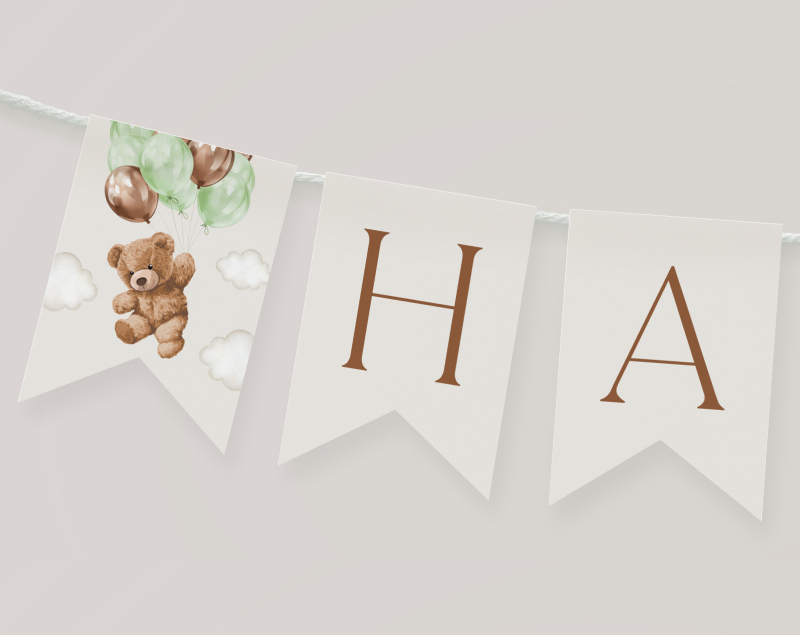 Teddy Bear with Green Balloons Happy Birthday Banner, First Birthday, Boy Birthday, Printable File, Edit Yourself, SH71