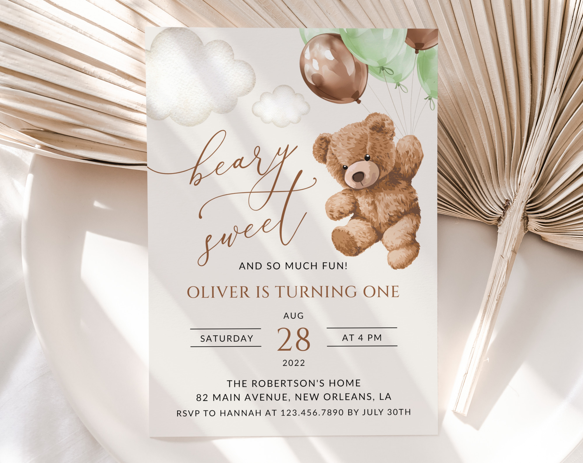 Teddy Bear with Green Balloons First Birthday Invitation, Birthday Stationery, Boy Birthday, Printable File, Edit Yourself, SH71 Teddy Bear with Green Balloons First Birthday Invitation, Birthday Stationery, Boy Birthday, Printable File, Edit Yourself, SH71