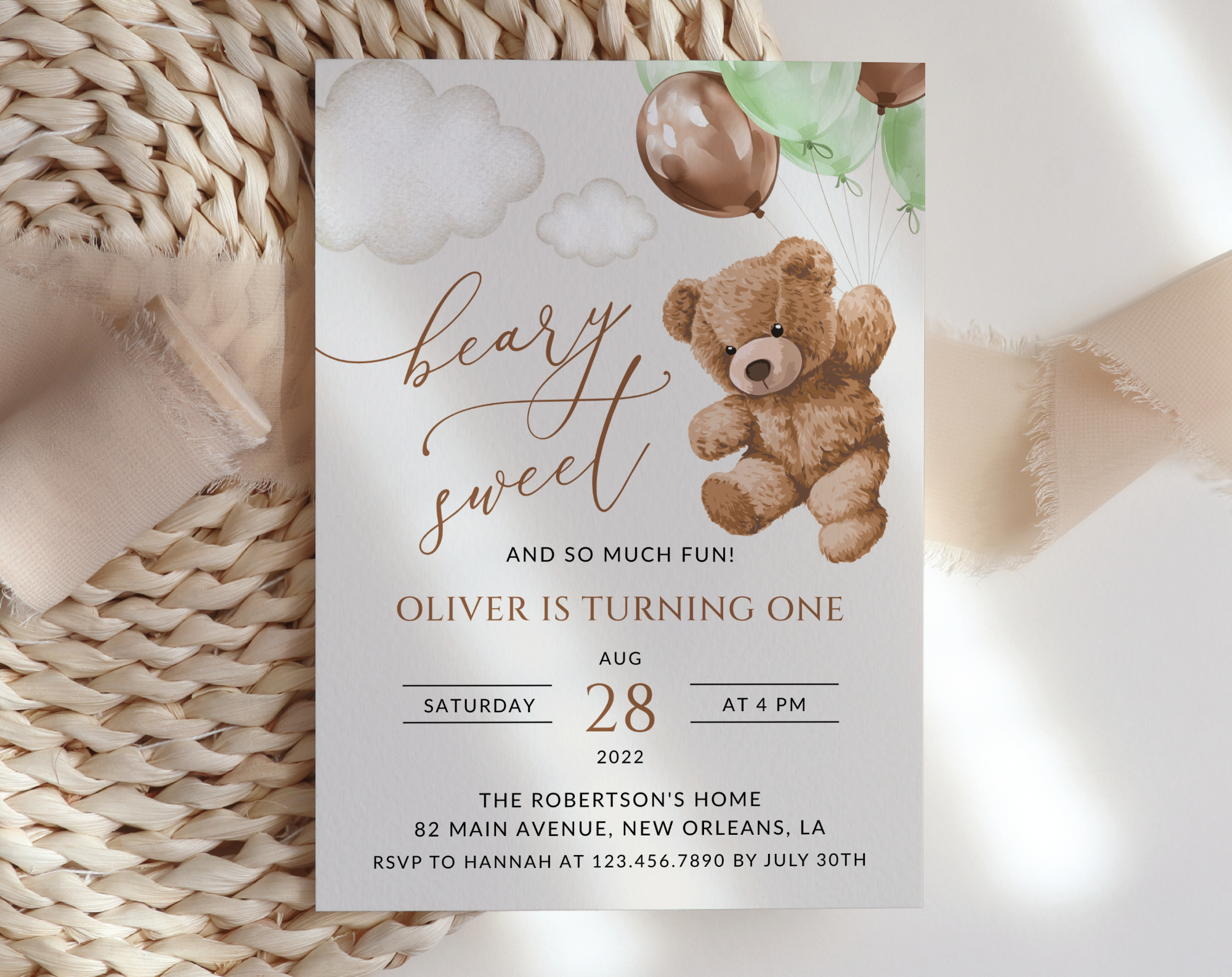 Teddy Bear with Green Balloons First Birthday Invitation, Birthday Stationery, Boy Birthday, Printable File, Edit Yourself, SH71 Teddy Bear with Green Balloons First Birthday Invitation, Birthday Stationery, Boy Birthday, Printable File, Edit Yourself, SH71