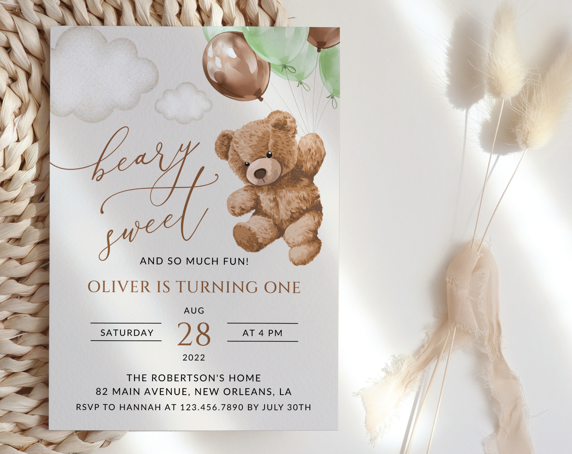Teddy Bear with Green Balloons First Birthday Invitation, Birthday Stationery, Boy Birthday, Printable File, Edit Yourself, SH71 Teddy Bear with Green Balloons First Birthday Invitation, Birthday Stationery, Boy Birthday, Printable File, Edit Yourself, SH71