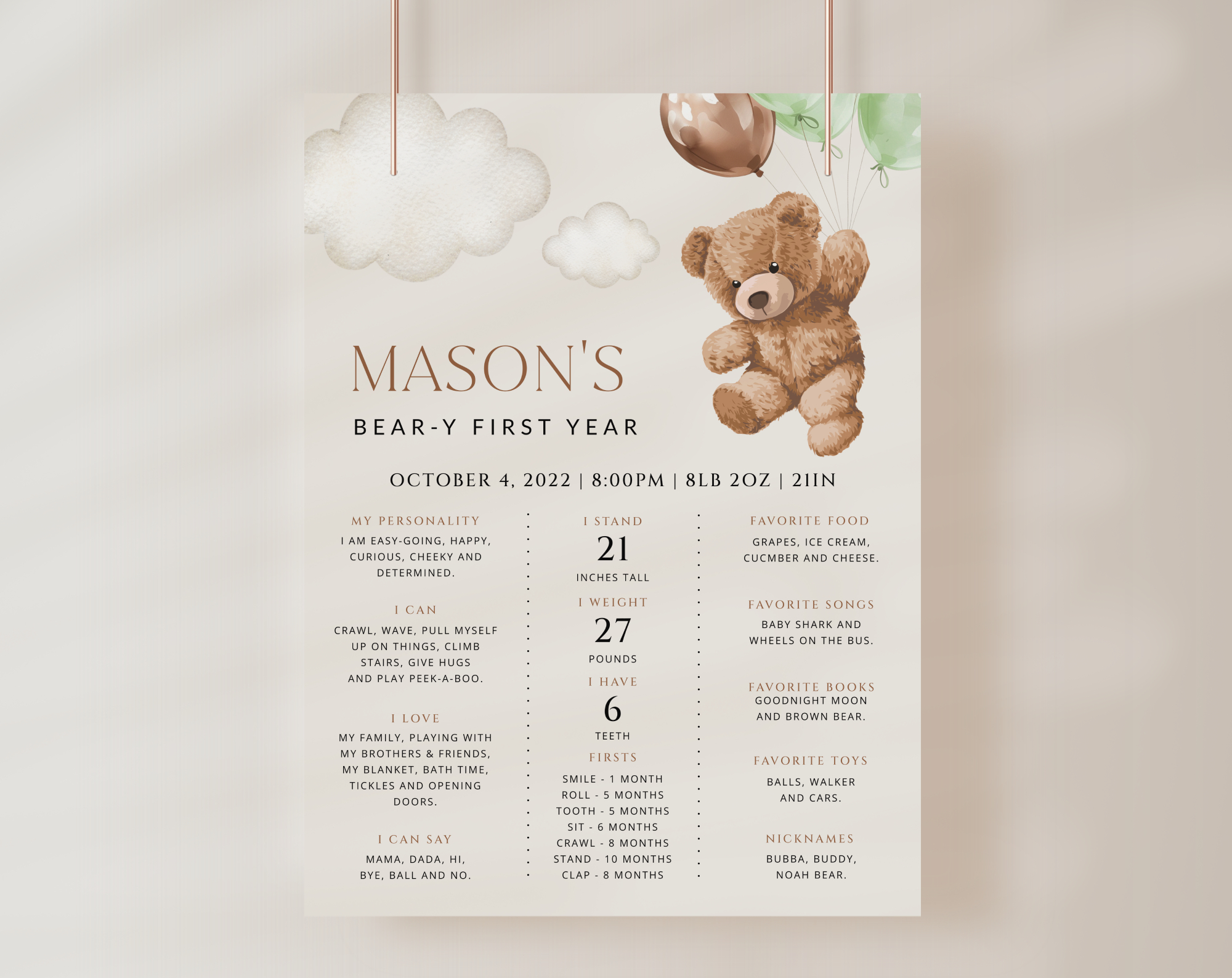 Teddy Bear with Green Balloons Milestone Sign, Birthday Sign, First Birthday, Boy Birthday, Printable File, Edit Yourself, SH71