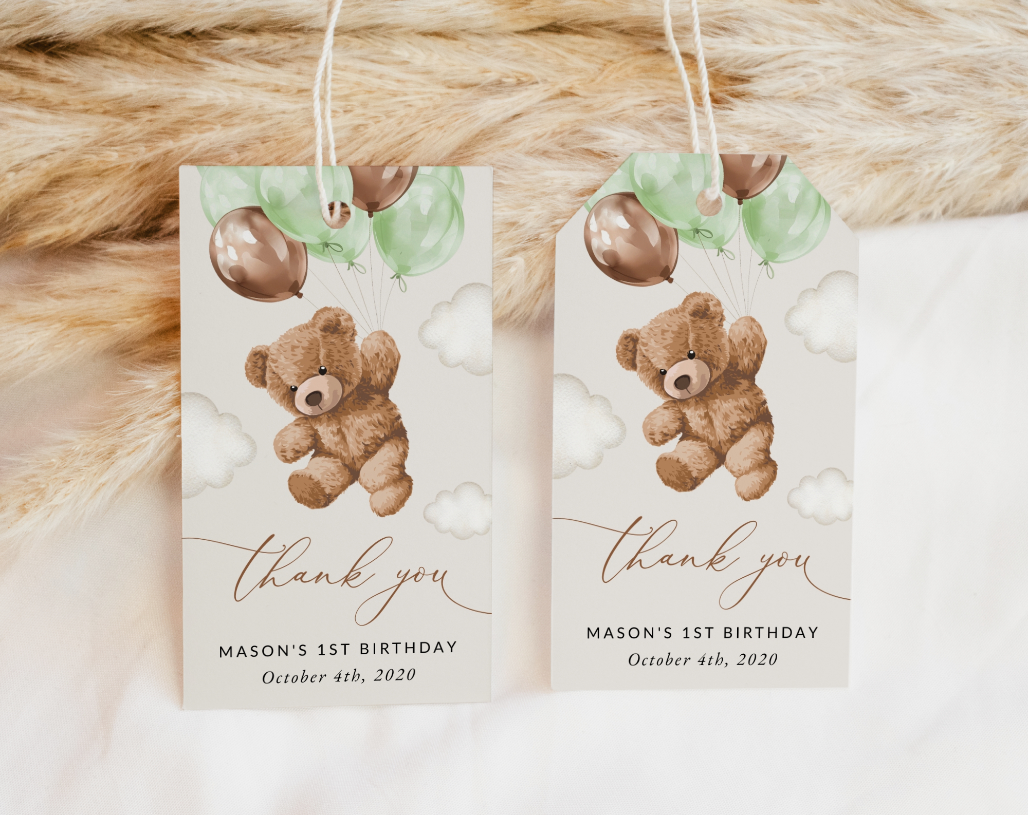 Teddy Bear with Green Balloons Favor Tags, Gift Tags, First Birthday, Boy Birthday, Printable File, Edit Yourself, SH71